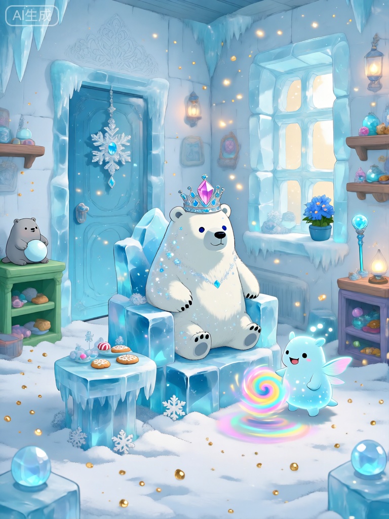 ZYCH,该图像描绘了一个晶莹剔透、梦幻迷人的冰雪房间,墙壁是洁白无瑕的冰块,上面雕刻着精美的花纹,营造出清冷、美好的氛围。在中心,一只浑身覆盖着闪亮冰晶、眼睛像蓝色宝石的大北极熊,头戴一顶由雪花和冰棱组成的皇冠,皇冠上还镶嵌着一颗巨大的粉色水晶。北极熊坐在一个由巨大冰块堆成的宝座上,宝座旁边有一个由冰柱和雪花组成的小桌子,上面摆放着一些小巧的冰糖果和雪花饼干。在北极熊的右侧,一只小巧玲珑、全身散发着柔和蓝光的小雪精灵,带着可爱的笑容,靠近一个旋转的彩色冰花。冰花发出五彩的光芒,照亮了周围的冰块。背景中,左侧是一扇由巨大的冰柱组成的门,门上挂着一个用雪花和冰棱编织的装饰；右侧的窗户由透明的冰块构成,阳光透过冰块洒下,在窗台上照亮一盆盛开的蓝色冰花。沿着墙壁的架子上摆满了各种物品：左侧绿色架子上坐着一只抱着冰球的灰色小海豹玩偶,右侧架子上则有更多的冰雪小宝藏,如会发光的魔法冰杖和闪闪发光的水晶冰球,还有几盏散发着柔和蓝色光芒的小灯。地板上铺着一层柔软的白色雪花,房间里漂浮着许多金色的冰晶光点,增强了其神奇而治愈的氛围。整个场景将冰雪的纯净与梦幻般的童话元素融合在一起。





