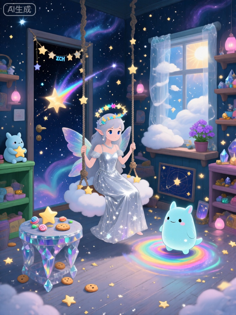 ZYCH,该图像描绘了一个浩瀚、梦幻的星空房间,墙壁是深邃的夜空,布满了闪烁的星星和流动的星云,营造出神秘、浪漫的氛围。在中心,一位身着银色星光长裙、眼睛像璀璨星辰的仙女,头戴一顶由流星和星星组成的光环,光环上还闪烁着五彩的光芒。仙女坐在一个由云朵和星星编织成的秋千上,秋千旁边有一个由水晶和星星组成的小桌子,上面摆放着一些小巧的星星糖果和月亮饼干。在仙女的右侧,一只小巧玲珑、全身散发着柔和蓝光的小星灵,带着温柔的表情,靠近一个旋转的彩色星云。星云发出绚丽的光芒,照亮了周围的星空。背景中,左侧是一扇由巨大的星星和流星组成的门,门上挂着一个用星云和星星编织的装饰；右侧的窗户由透明的星云构成,阳光透过星云洒下（这里阳光可理解为特殊光芒）,在窗台上照亮一盆盛开的紫色星花。沿着墙壁的架子上摆满了各种物品：左侧绿色架子上坐着一只抱着星星的蓝色小精灵玩偶,右侧架子上则有更多的星空小宝藏,如会发光的魔法星图和闪闪发光的水晶星星,还有几盏散发着柔和粉色光芒的小灯。地板上铺着一层柔软的银色星尘,房间里漂浮着许多金色的星星光点,增强了其神奇而治愈的氛围。整个场景将星空的浩瀚与梦幻般的童话元素融合在一起。



