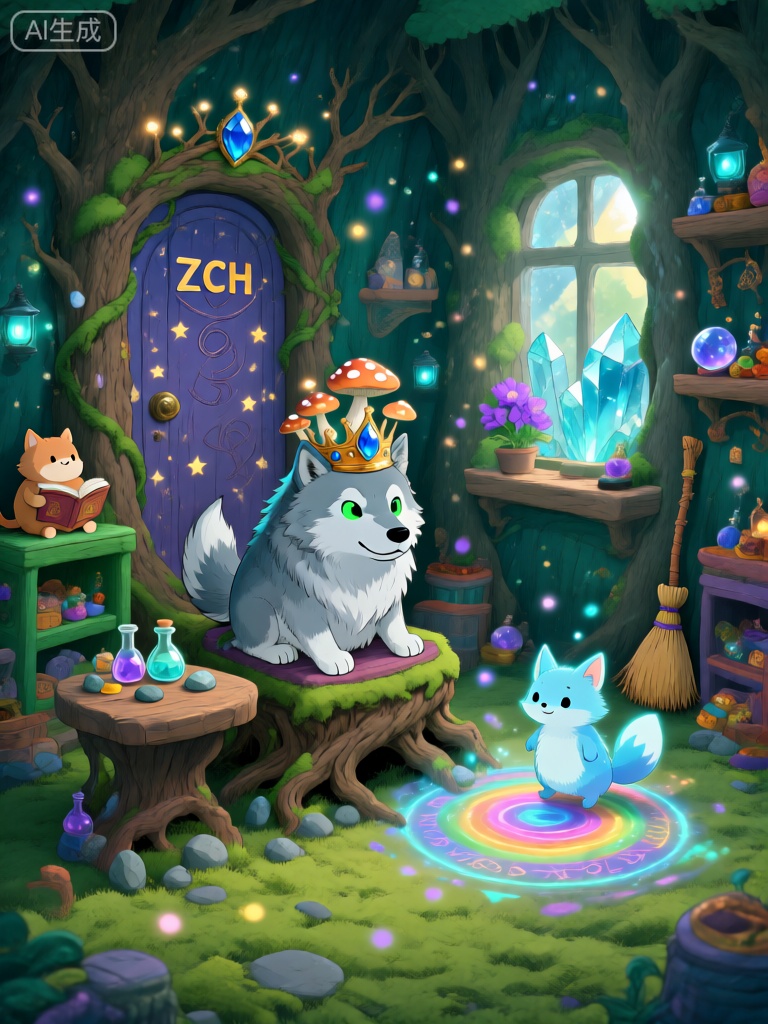 ZYCH,该图像描绘了一个神秘、奇幻的魔法森林房间,墙壁是高大茂密的树木,树干上闪烁着神秘的符文,营造出幽深、迷人的氛围。在中心,一只拥有银色毛发、眼睛像幽绿火焰的大狼,头戴一顶由魔法树枝和发光蘑菇组成的王冠,王冠上还镶嵌着一颗巨大的蓝色宝石。大狼坐在一个由古老树根盘绕而成的宝座上,宝座旁边有一个由魔法水晶组成的小桌子,上面摆放着一些小巧的魔法药剂瓶和神秘符文石。在大狼的右侧,一只小巧玲珑、全身散发着蓝色光芒的小精灵狐,带着灵动的表情,靠近一个旋转的彩色魔法阵。魔法阵发出耀眼的光芒,照亮了周围的树木。背景中,左侧是一扇由巨大的魔法藤蔓组成的门,门上镶嵌着一些闪烁的星星；右侧的窗户由透明的魔法水晶构成,阳光透过水晶洒下,在窗台上照亮一盆散发着神秘气息的紫色魔花。沿着墙壁的架子上摆满了各种物品：左侧绿色架子上坐着一只抱着魔法书的棕色小精灵猫玩偶,右侧架子上则有更多的魔法小宝藏,如会变形的魔法扫帚和闪闪发光的水晶球,还有几盏散发着幽蓝色光芒的小灯。地板上铺着一层柔软的魔法苔藓,房间里漂浮着许多神秘的魔法光点,增强了其神奇而治愈的氛围。整个场景将魔法森林的神秘与梦幻般的童话元素融合在一起。


