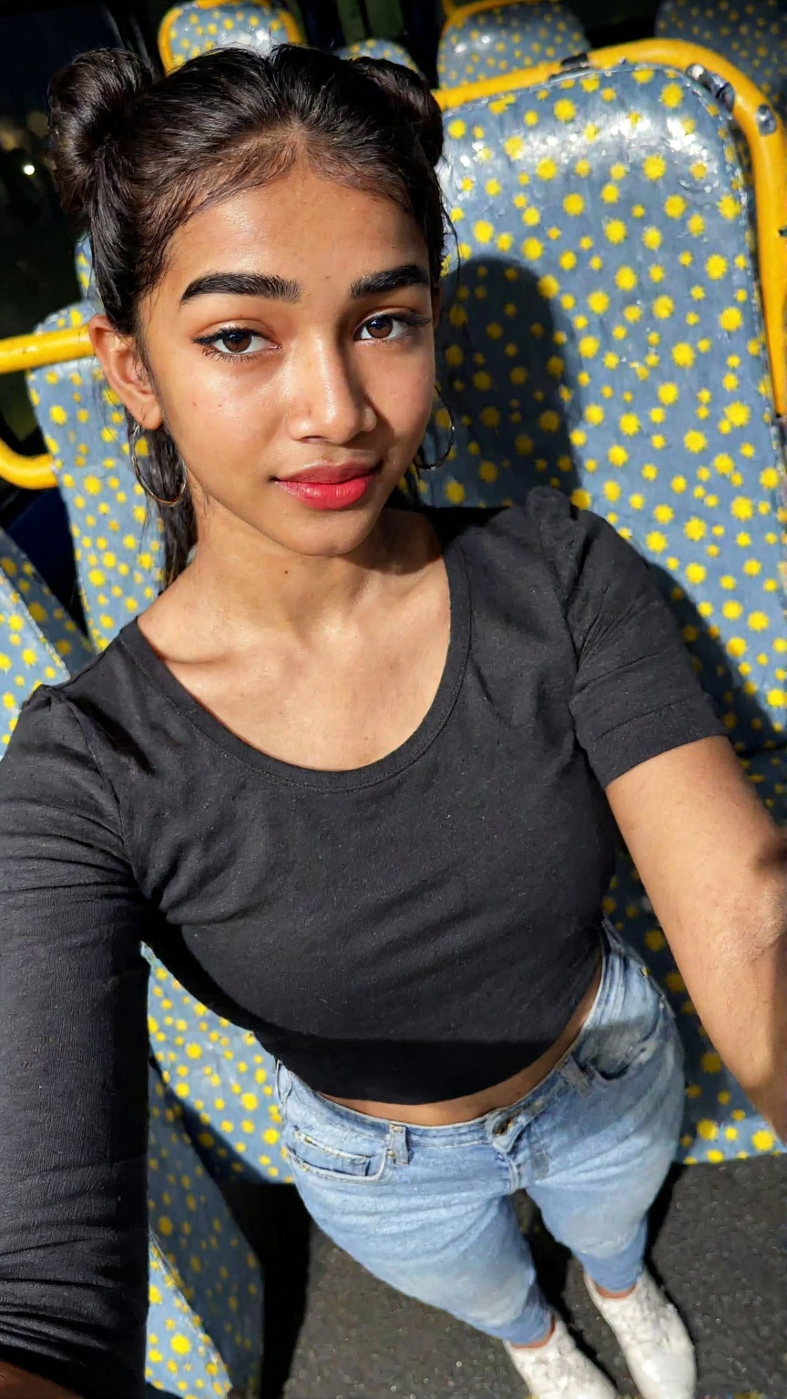 20yo mallu cute girl taking hot selfie with flash,  face in frame,  full body from above on Tensor.Art