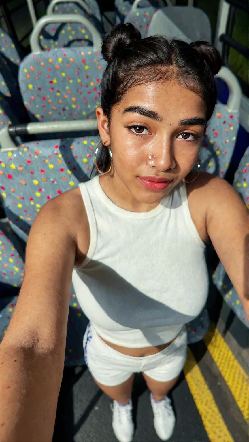 20yo mallu cute girl taking hot selfie with flash,  face in frame,  full body from above on Tensor.Art