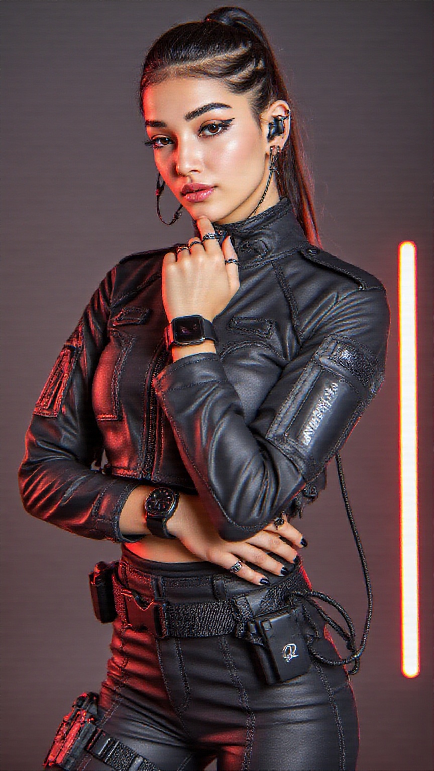 Close-up high-fashion editorial photoshoot portrait of a stunning south Asian woman in a cyberpunk-minimal tactical aesthe...