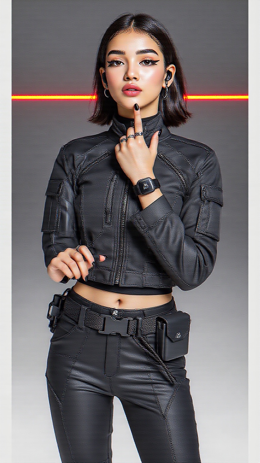 Close-up high-fashion editorial photoshoot portrait of a stunning south Asian woman in a cyberpunk-minimal tactical aesthe...