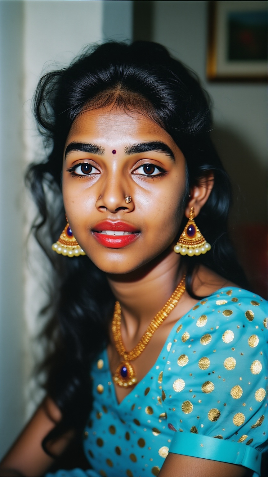 Realistic 90s party snapshot,  mallu woman portrait,  direct flash on Tensor.Art