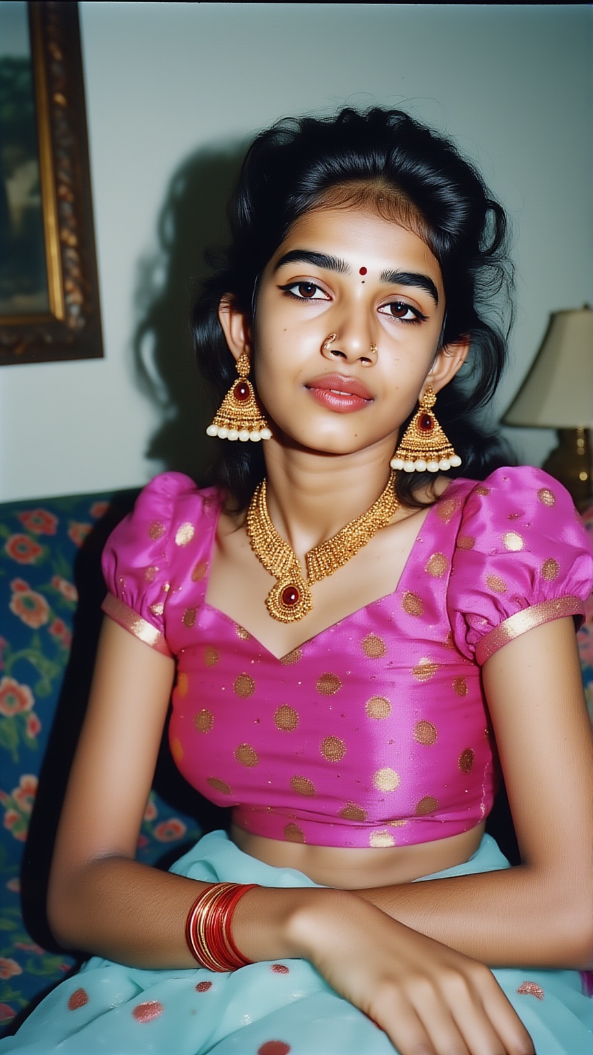 Realistic 90s party snapshot,  mallu woman portrait,  direct flash on Tensor.Art
