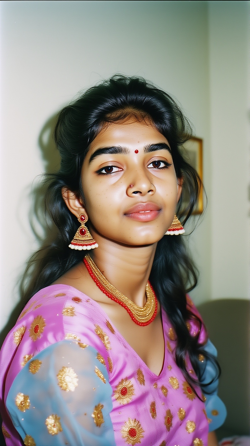 Realistic 90s party snapshot,  mallu woman portrait,  direct flash on Tensor.Art