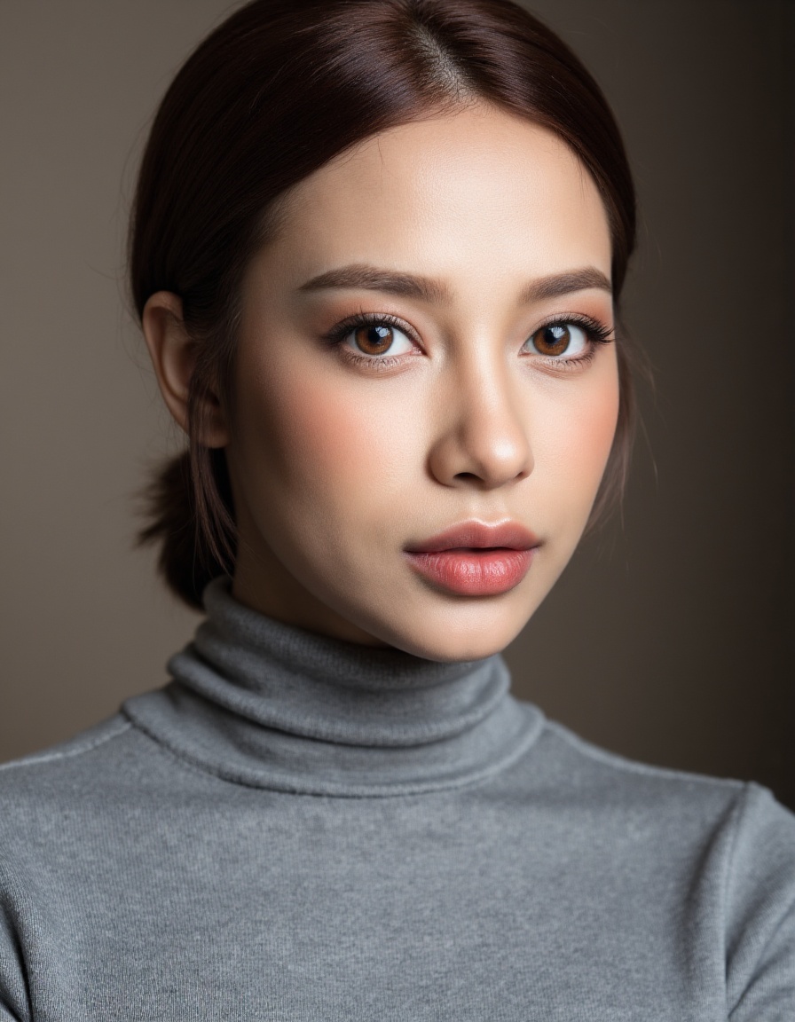A close-up editorial fashion portrait of BarbMozz,  a young female model,  tightly framed to include only her face on Tens...