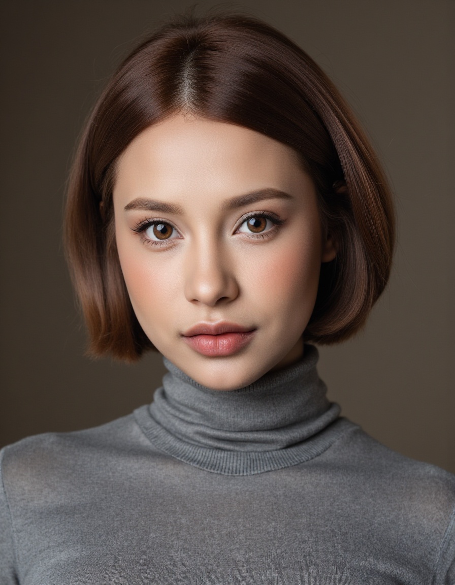 A close-up editorial fashion portrait of BarbMozz,  a young female model,  tightly framed to include only her face on Tens...