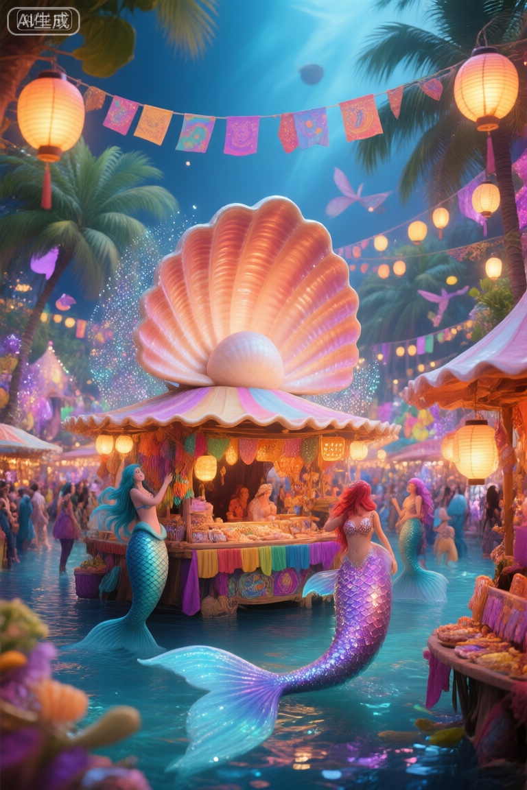 ,海底世界,这幅图描绘了一个充满活力的节日市集,以美人鱼为主题的摊位为焦点。摊位上装饰着五颜六色的条纹织物,并以一条尾巴闪闪发光的美人鱼为特色。市场坐落在一个浅水区,有摊位和小贩出售各种商品。摊位上覆盖着巨大的扇贝形状的天篷,市场上挂着温暖、发光的灯笼,营造出活泼愉快的气氛。背景是郁郁葱葱的热带环境,棕榈树和五颜六色的横幅,增强了节日气氛和异想天开的感觉。整体的氛围是明亮的,丰富多彩的,和邀请,并强调一个好玩的,幻想般的环境。
