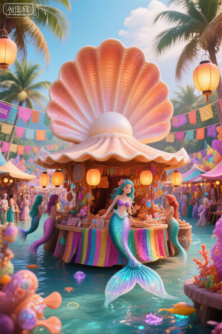 ,海底世界,这幅图描绘了一个充满活力的节日市集,以美人鱼为主题的摊位为焦点。摊位上装饰着五颜六色的条纹织物,并以一条尾巴闪闪发光的美人鱼为特色。市场坐落在一个浅水区,有摊位和小贩出售各种商品。摊位上覆盖着巨大的扇贝形状的天篷,市场上挂着温暖、发光的灯笼,营造出活泼愉快的气氛。背景是郁郁葱葱的热带环境,棕榈树和五颜六色的横幅,增强了节日气氛和异想天开的感觉。整体的氛围是明亮的,丰富多彩的,和邀请,并强调一个好玩的,幻想般的环境。