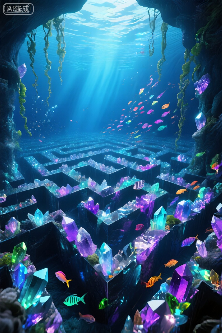 这张照片描绘了一个水下场景,一个充满活力的水晶迷宫淹没在清澈的蓝色海洋中。迷宫由深色的抛光块构成,上面装饰着各种颜色的水晶,包括紫色、蓝色和绿色。水里满是五颜六色的鱼,形状各异,大小不一,增添了热闹的气氛。背景是一个挂着藤蔓和更多水晶的洞穴入口,阳光透过水过滤,营造出一种宁静而神奇的氛围。整个场景是梦幻般的,视觉上迷人的,融合了自然和建筑元素无缝。,海底世界
