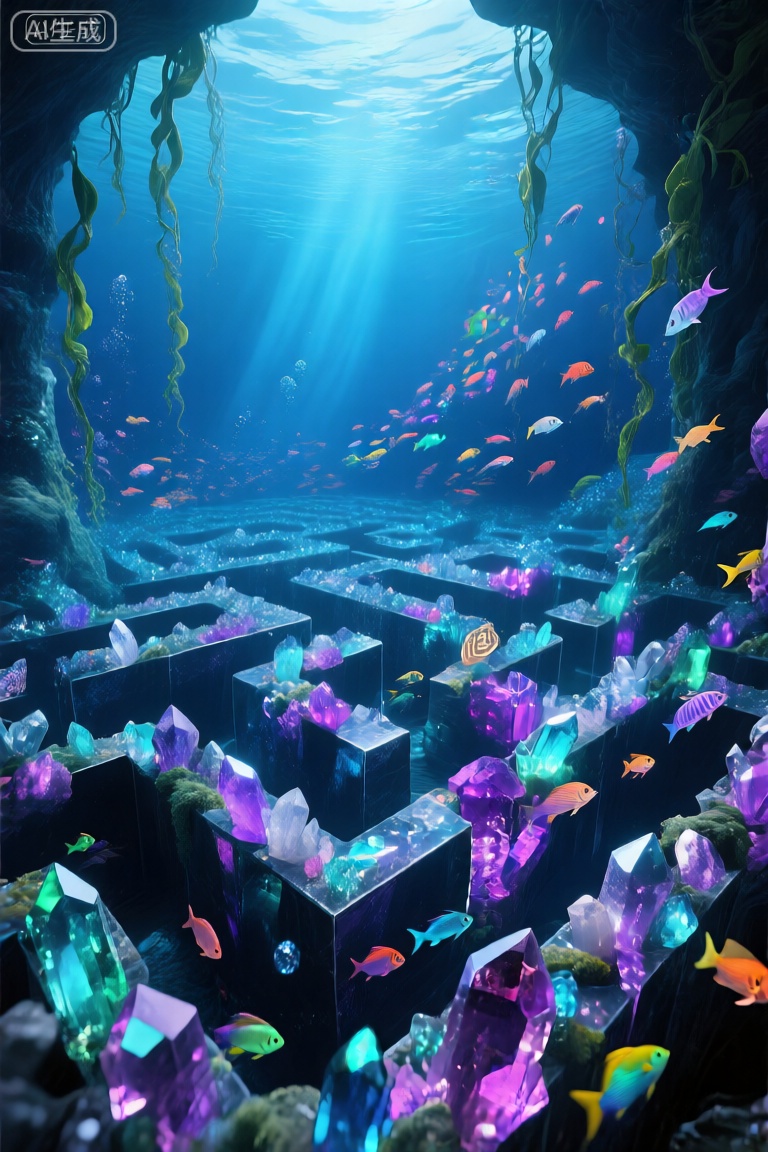 这张照片描绘了一个水下场景,一个充满活力的水晶迷宫淹没在清澈的蓝色海洋中。迷宫由深色的抛光块构成,上面装饰着各种颜色的水晶,包括紫色、蓝色和绿色。水里满是五颜六色的鱼,形状各异,大小不一,增添了热闹的气氛。背景是一个挂着藤蔓和更多水晶的洞穴入口,阳光透过水过滤,营造出一种宁静而神奇的氛围。整个场景是梦幻般的,视觉上迷人的,融合了自然和建筑元素无缝。,海底世界