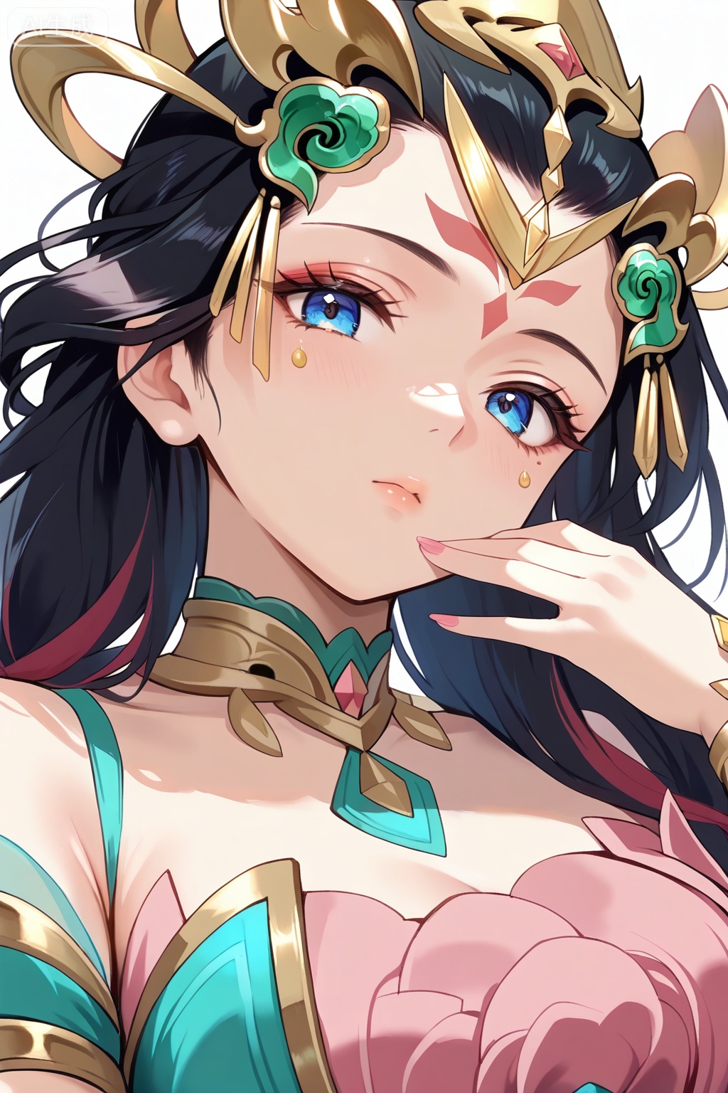 1girl,solo,best quality,amazing quality,,long black hair,red forehead marking,blue eyes,pink and turquoise dress,golden accessories,emerald accessories,headpiece,杨玉环,