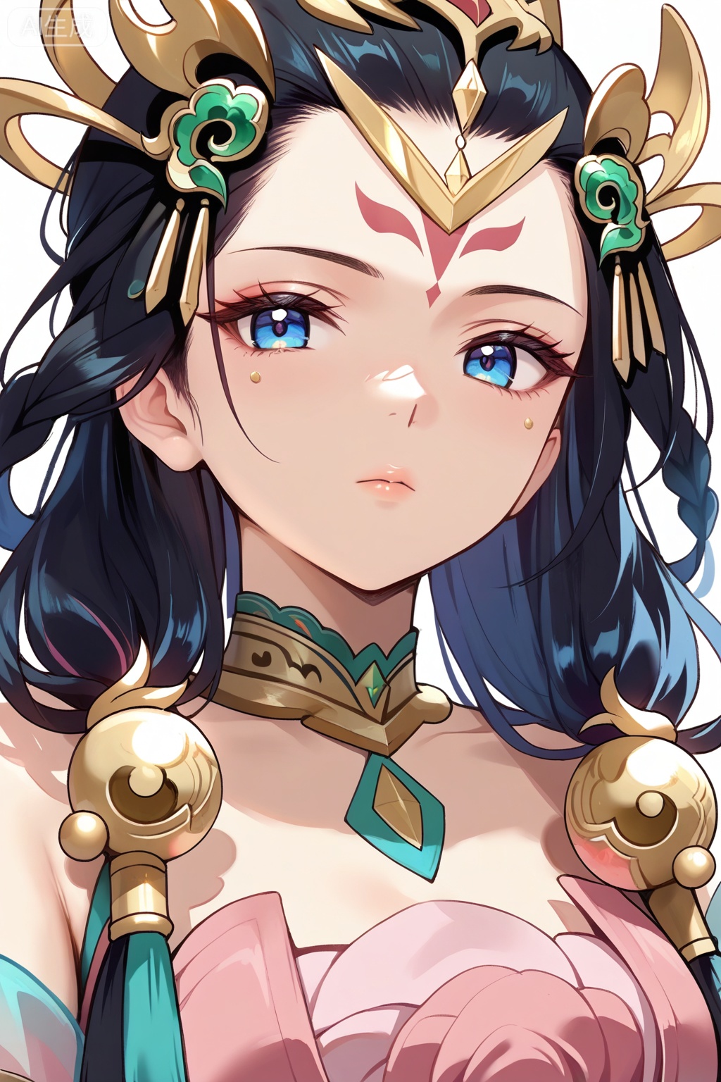 1girl,solo,best quality,amazing quality,,long black hair,red forehead marking,blue eyes,pink and turquoise dress,golden accessories,emerald accessories,headpiece,杨玉环,