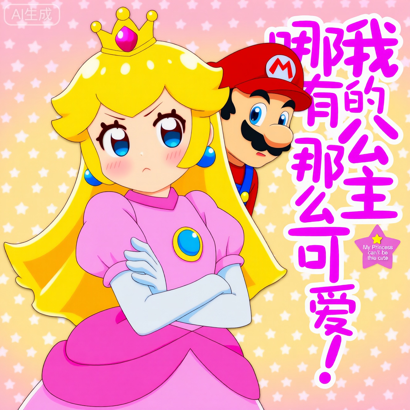 High-quality anime illustration, styled as a light novel cover, featuring Mario and Princess Peach. Princess Peach stands prominently in the foreground. She has long blonde hair, blue eyes, and wears her classic pink gown and a crown. Her arms are crossed over her chest, and she has a classic tsundere expression with a pout, flushed cheeks, and an annoyed yet cute look. Peeking from behind her on the right is Mario, wearing his signature red cap, looking at the princess with an expression of warm adoration. The background is a soft pink and yellow gradient patterned with small white stars. On the right side of the image, there is large, vertical, stylized pink text: "我的公主哪有那么可爱！". There is also a small yellow star badge with the English text: "My Princess can't be this cute".