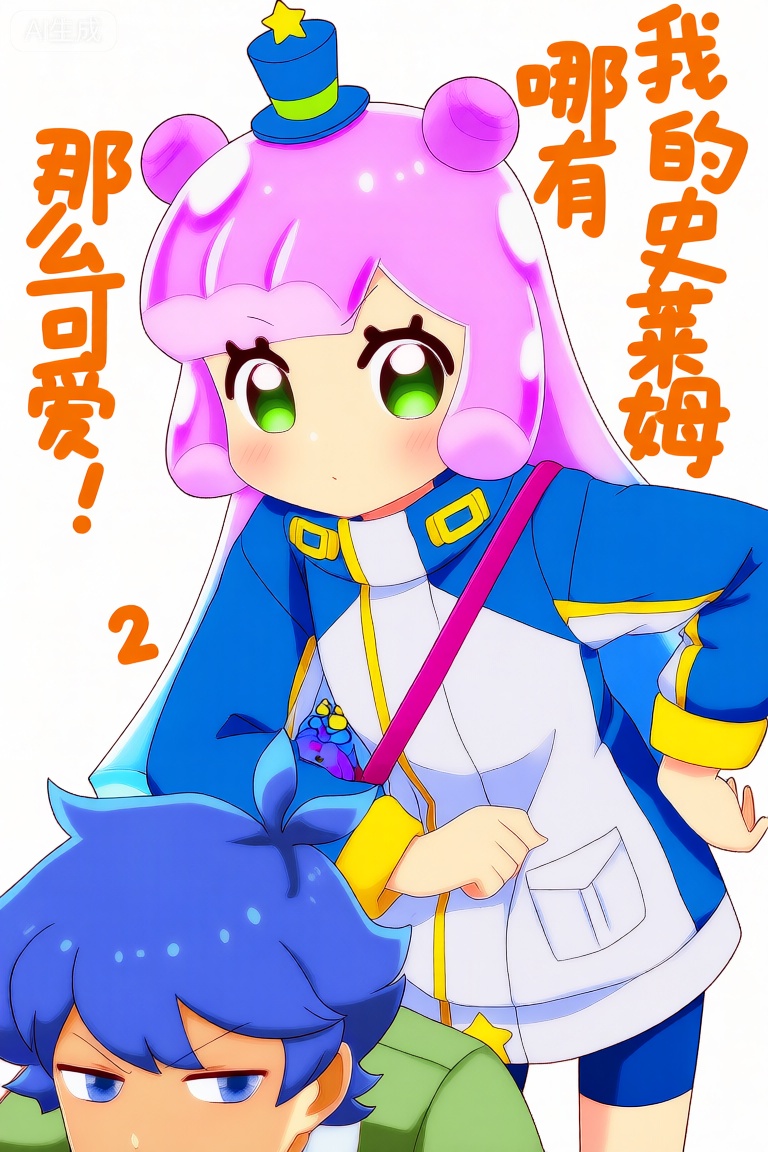 The image is a high-quality digital 2.5D anime-style illustration featuring two characters, Puniru and Kotaro Kawaii. The main focus is on Puniru, who occupies the upper half of the frame. She has vibrant, gradient hair that transitions from pink to blue, and striking, large green eyes with dark pupils. Her skin is fair, and she has a slight blush on her cheeks. She is wearing a stylish white and blue jacket over a top, paired with blue bike shorts. On her head, she wears a charming blue mini top hat. A cute penguin shoulder bag is slung over her shoulder. Her left arm is slightly bent, and her elbow appears to be resting on the blue-haired character's head. Puniru's expression is calm and somewhat mischievous, looking directly forward.
Below Puniru, and largely obscured by her, is Kotaro Kawaii. Only the top of Kotaro's head and shoulders are visible. He has short, blue hair and blue eyes , shadowed eyelids, suggesting exhaustion or bewilderment. He is wearing a white collared shirt under another shirt adorned with a green. His posture suggests he is slumped over, with Puniru's arm resting on his head.Puniru right hand on hip.

The background is plain white. Orange text is scattered around the characters. On the right side, above Puniru's head, the text reads "我的史莱姆哪有". On the left side, the text reads "那么可爱！"and below it "2". The high-quality anime art.Anime screenshot style.Shinkai Makoto anime style.现代动漫风格。