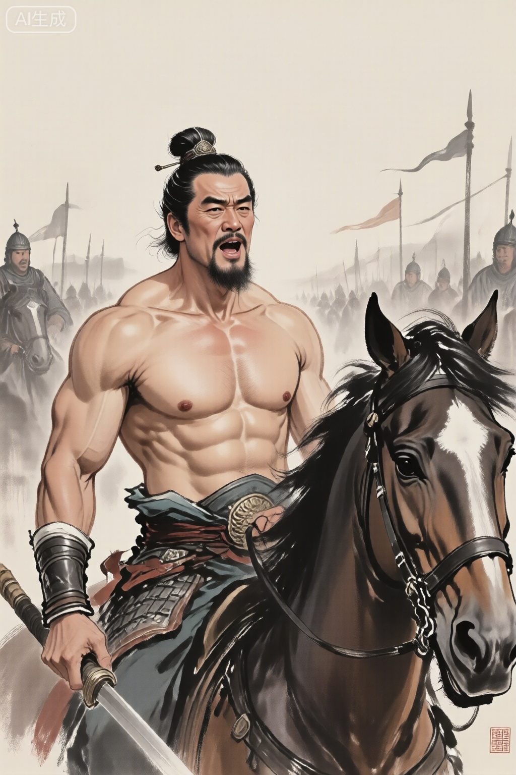 质量词：masterpiece, best quality, safe, amazing quality, very aesthetic, absurdres, highres, newest, HDR, 8K, high detail RAW color art, DSLR shot. 
画风：A general from the Three Kingdoms period, 人物特征：1man,topless,horse,mature man,muscle, 事件:solo,looking at viewer,open mouth,水墨画