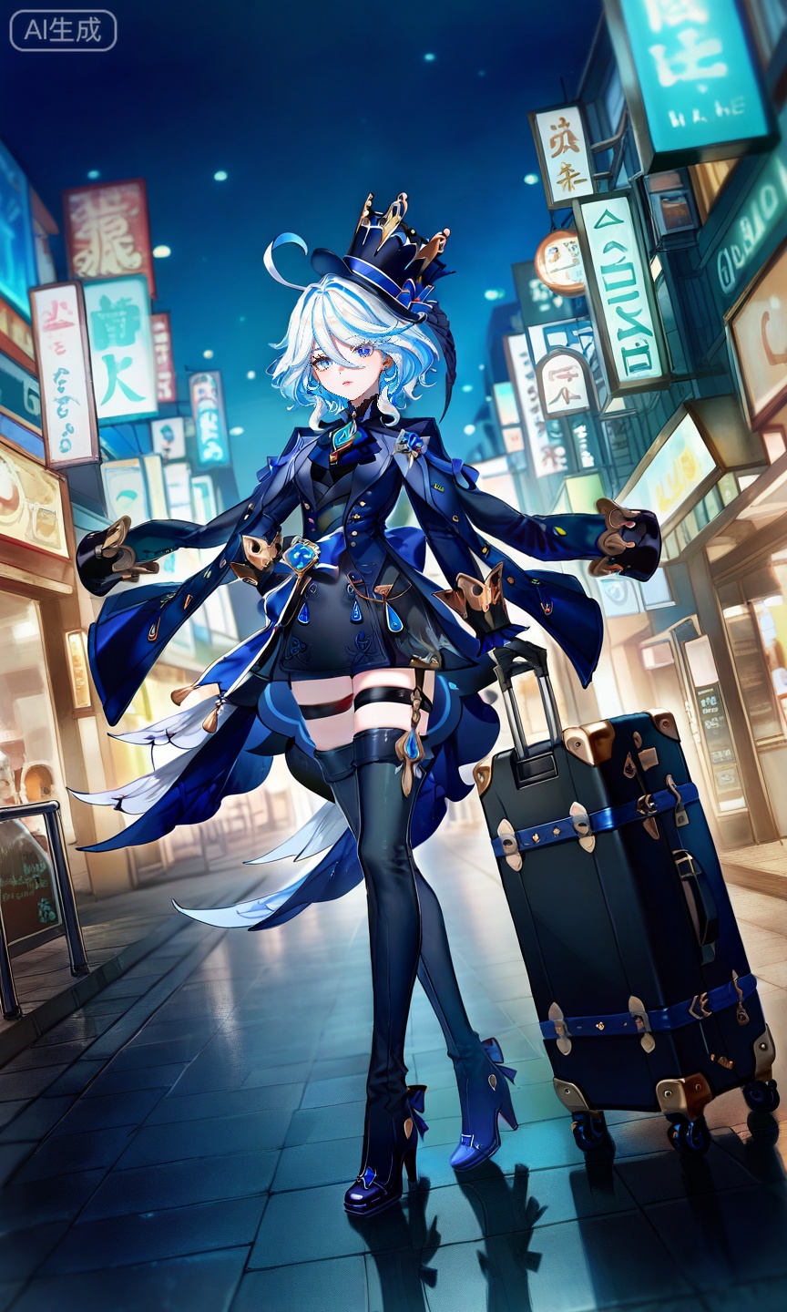 FURINA\(genshin impact\),blue eyes,ahoge,blue hair,heterochromia,bangs,hair between eyes,multicolored hair,white hair,light blue hair,medium hair,looking_at_viewer,
,lihui,
1girl,solo,breasts,thighhighs,long sleeves,hat,dress,jewelry,standing,jacket,full body,earrings,boots,outdoors,black thighhighs,black footwear,blurry,black dress,high heels,lips,black jacket,black headwear,night,blurry background,thigh boots,walking,jacket on shoulders,suitcase,luggage,rolling suitcase,

(quasarcake:0.7),(dutch angle:1.1),