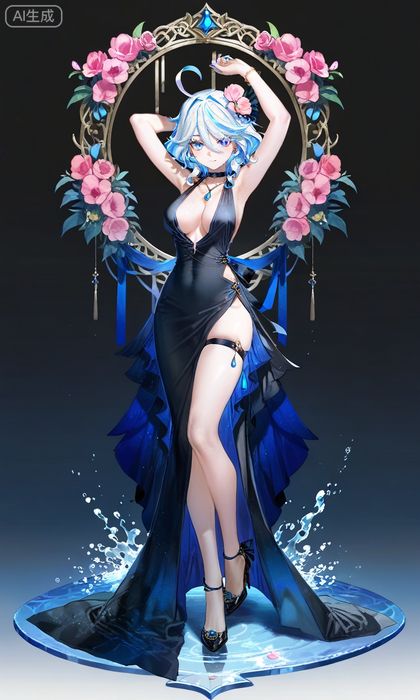 FURINA\(genshin impact\),blue eyes,ahoge,blue hair,heterochromia,bangs,hair between eyes,multicolored hair,white hair,light blue hair,medium hair,looking_at_viewer,
,lihui,
1girl,dress,jewelry,solo,black dress,black footwear,flower,large breasts,side slit,cleavage,looking at viewer,choker,necklace,bracelet,high heels,full body,black choker,halter dress,armpits,arms up,halterneck,pink flower,earrings,gradient,bare legs,gradient background,closed mouth,bare shoulders,gem,collarbone,sleeveless dress,covered navel,thighs,hair ornament,legs,pendant,interface headset,sleeveless,,

(quasarcake:0.7),(dutch angle:1.1),