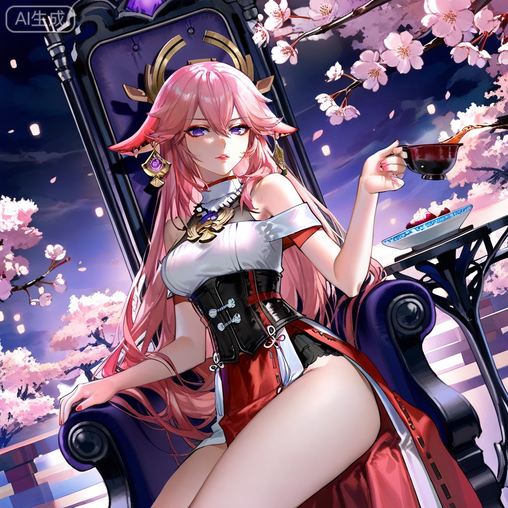 yae miko,pink hair,purple eyes,,lihui,official alternate costume,1girl,sitting,solo,breasts,jewelry,throne,earrings,looking at viewer,chair,bare shoulders,medium breasts,makeup,lips,nail polish,necklace,dress,thighs,corset,(quasarcake:0.7),dutch angle,(cowboy_shot:1.2),cherry_blossoms,tea,tea up,holding,