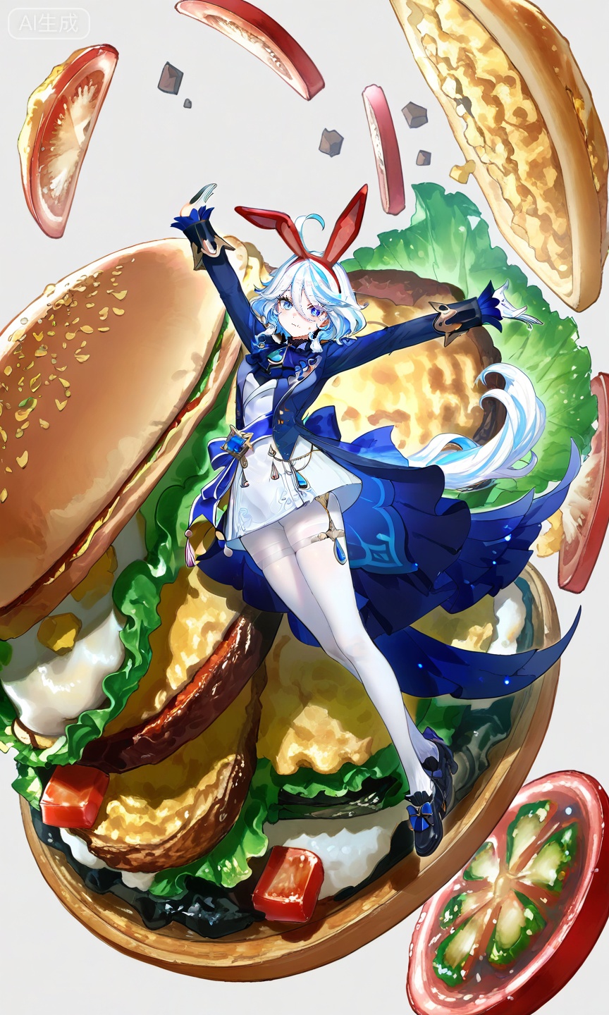 FURINA\(genshin impact\),blue eyes,ahoge,blue hair,heterochromia,bangs,hair between eyes,multicolored hair,white hair,light blue hair,medium hair,looking_at_viewer,
,lihui,
1girl,food,pantyhose,animal ears,white pantyhose,lettuce,hairband,rabbit ears,tomato,long sleeves,solo,looking at viewer,fake animal ears,burger,official alternate costume,skirt,red hairband,hair between eyes,full body,thighband pantyhose,black footwear,hair ornament,outstretched arms,shoes,oversized food,82,
(quasarcake:0.7),(dutch angle:1.1),
