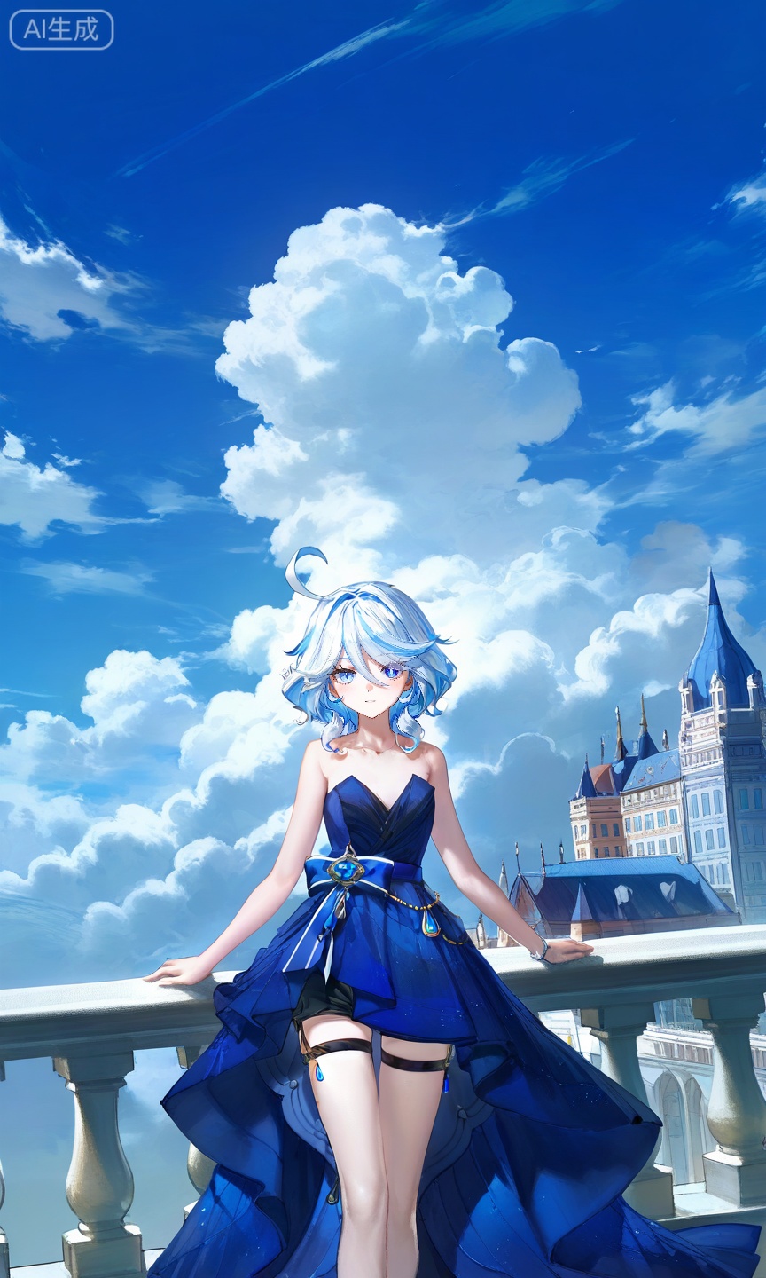 FURINA\(genshin impact\),blue eyes,ahoge,blue hair,heterochromia,bangs,hair between eyes,multicolored hair,white hair,light blue hair,medium hair,looking_at_viewer,
,lihui,
1girl,solo,dress,bare shoulders,standing,outdoors,sky,day,cloud,blue sky,strapless,blue dress,cloudy sky,building,strapless dress,,,

(quasarcake:0.7),(dutch angle:1.1),