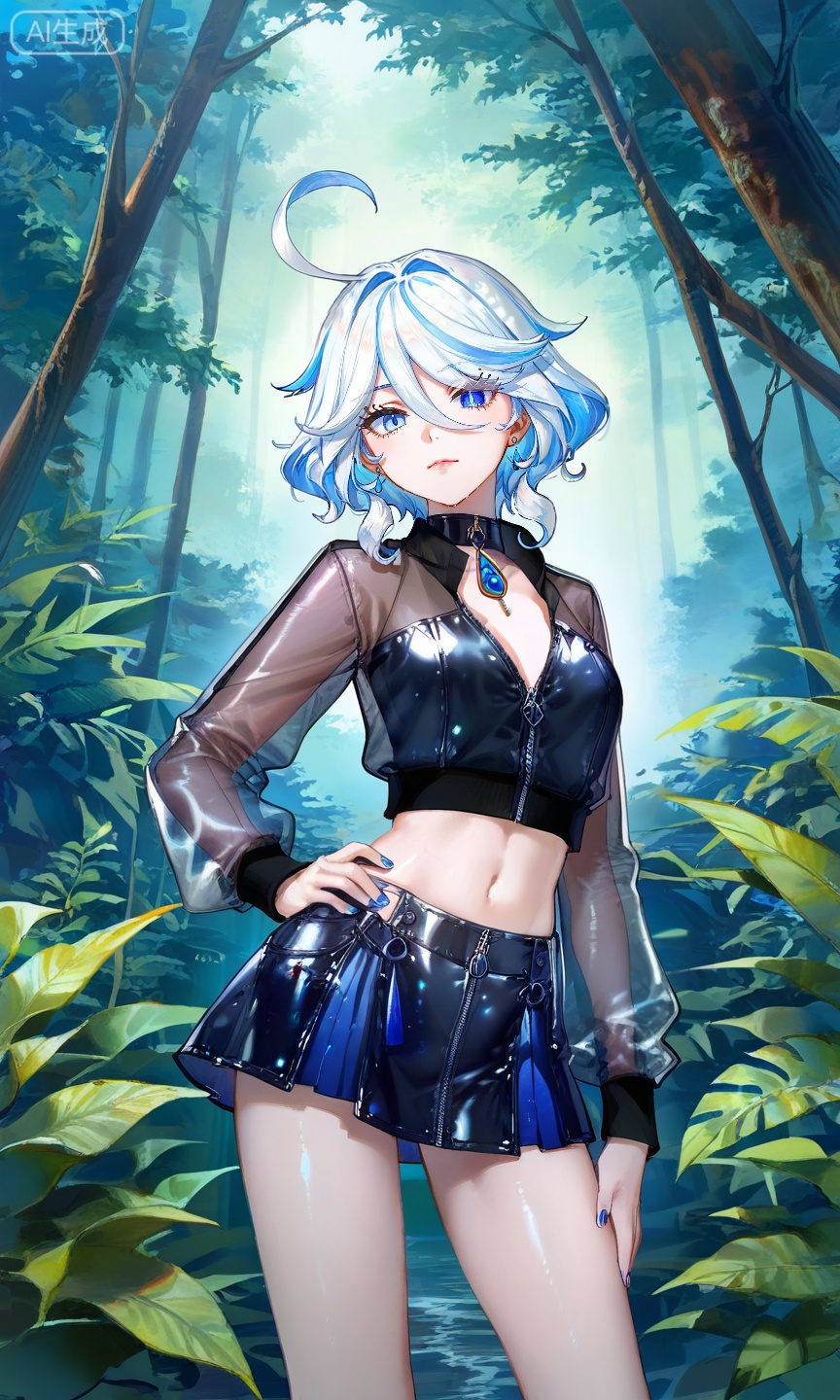 FURINA\(genshin impact\),blue eyes,ahoge,blue hair,heterochromia,bangs,hair between eyes,multicolored hair,white hair,light blue hair,medium hair,looking_at_viewer,
,lihui,
1girl,solo,breasts,looking at viewer,skirt,long sleeves,navel,jewelry,closed mouth,jacket,cowboy shot,earrings,midriff,shiny,miniskirt,nail polish,lips,crop top,see-through,hand on hip,shiny skin,zipper,contrapposto,shiny clothes,zipper pull tab,latex,,nature,

(quasarcake:0.7),(dutch angle:1.1),