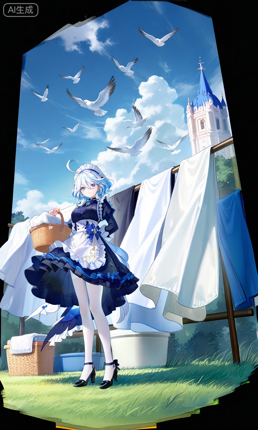 FURINA\(genshin impact\),blue eyes,ahoge,blue hair,heterochromia,bangs,hair between eyes,multicolored hair,white hair,light blue hair,medium hair,looking_at_viewer,
,lihui,
white pantyhose,official alternate costume,maid headdress,maid,laundry basket,pantyhose,breasts,apron,black footwear,white apron,dress,outdoors,sky,black dress,frills,day,blue sky,grass,looking at viewer,laundry,maid apron,full body,white hair,long sleeves,cloud,standing,high heels,basket,large breasts,long hair,shoes,transparent background,frilled apron,bird,from_below,belfast \(azur lane\),66,
(quasarcake:0.7),(dutch angle:1.1),