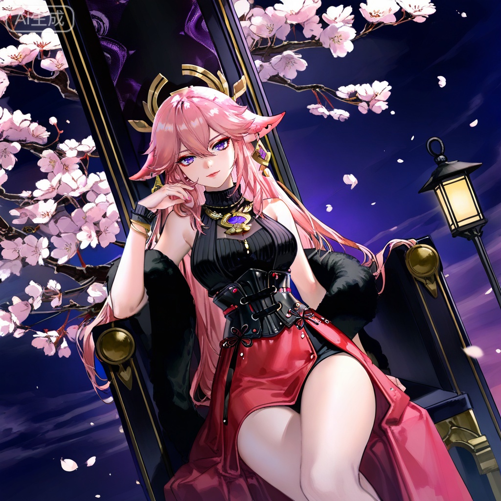 yae miko,pink hair,purple eyes,,lihui,official alternate costume,1girl,sitting,solo,breasts,jewelry,throne,earrings,looking at viewer,chair,bare shoulders,medium breasts,makeup,lips,nail polish,necklace,dress,thighs,corset,(quasarcake:0.7),dutch angle,(cowboy_shot:1.2),cherry_blossoms,tea,tea up,holding,