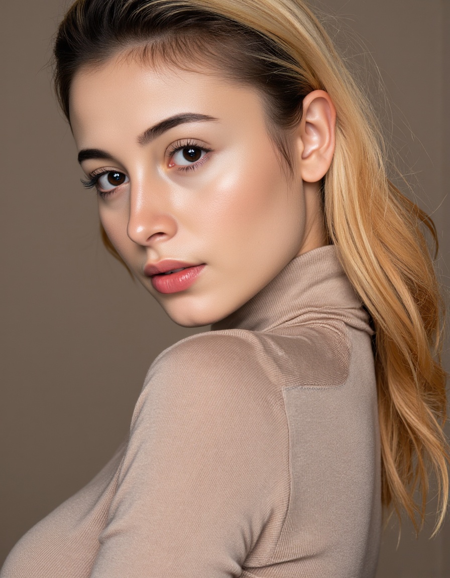 A close-up editorial fashion portrait of PandoraKaa,  a young female model,  tightly framed to include only her face on Te...