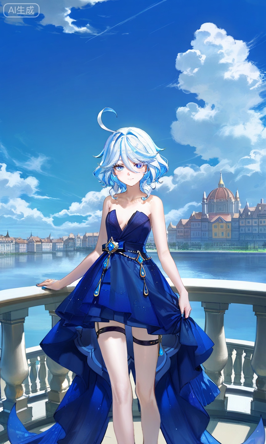 FURINA\(genshin impact\),blue eyes,ahoge,blue hair,heterochromia,bangs,hair between eyes,multicolored hair,white hair,light blue hair,medium hair,looking_at_viewer,
,lihui,
1girl,solo,dress,bare shoulders,standing,outdoors,sky,day,cloud,blue sky,strapless,blue dress,cloudy sky,building,strapless dress,,,

(quasarcake:0.7),(dutch angle:1.1),