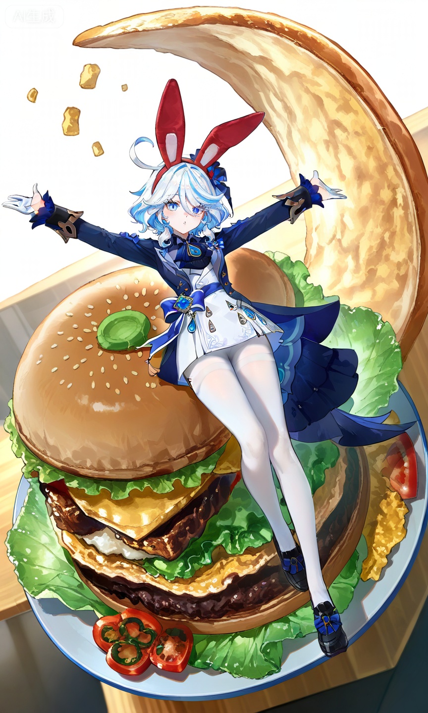 FURINA\(genshin impact\),blue eyes,ahoge,blue hair,heterochromia,bangs,hair between eyes,multicolored hair,white hair,light blue hair,medium hair,looking_at_viewer,
,lihui,
1girl,food,pantyhose,animal ears,white pantyhose,lettuce,hairband,rabbit ears,tomato,long sleeves,solo,looking at viewer,fake animal ears,burger,official alternate costume,skirt,red hairband,hair between eyes,full body,thighband pantyhose,black footwear,hair ornament,outstretched arms,shoes,oversized food,82,
(quasarcake:0.7),(dutch angle:1.1),