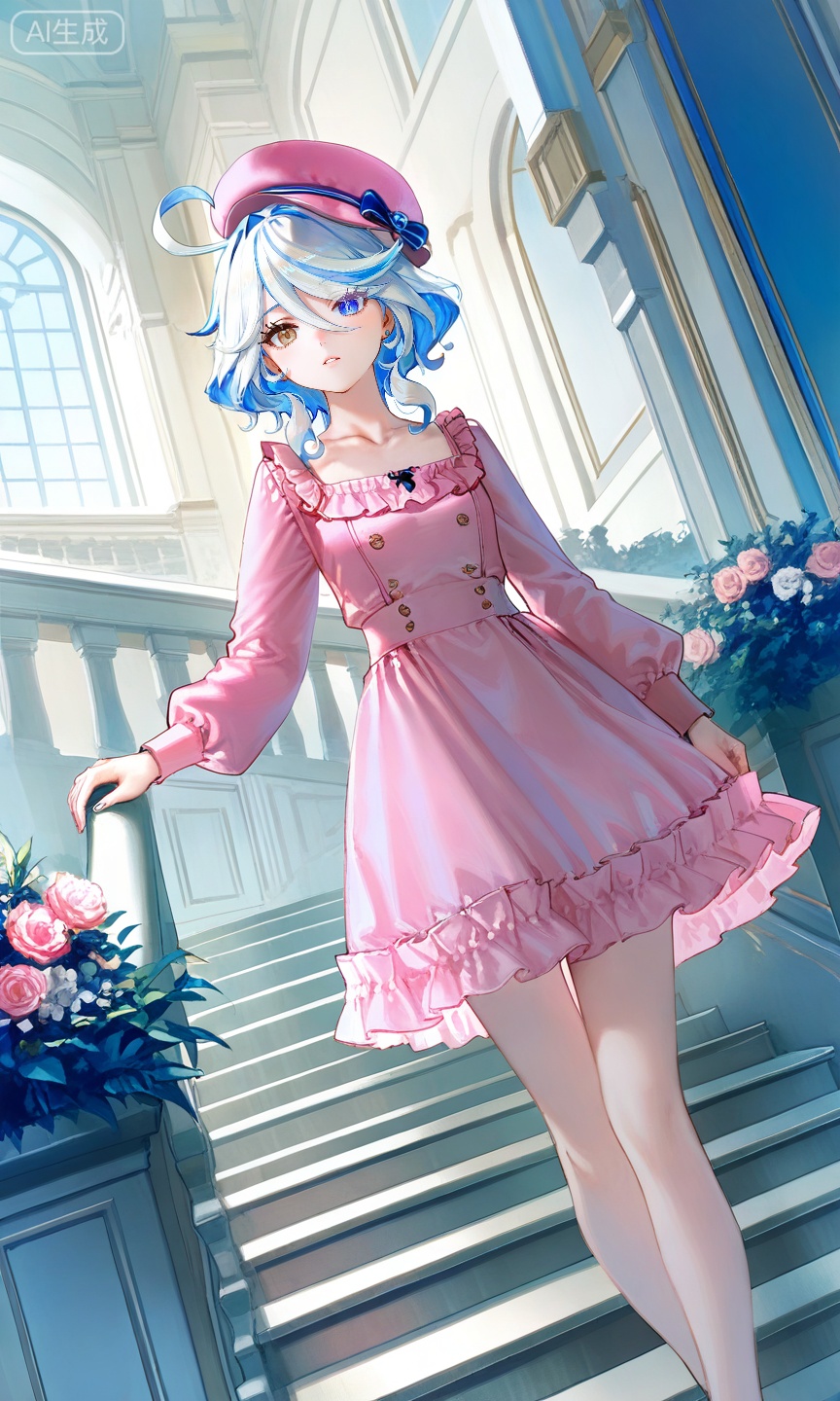 FURINA\(genshin impact\),blue eyes,ahoge,blue hair,heterochromia,bangs,hair between eyes,multicolored hair,white hair,light blue hair,medium hair,looking_at_viewer,
,lihui,
1girl, solo, long hair, looking at viewer, brown hair, long sleeves, hat, dress, brown eyes, jewelry, collarbone, flower, earrings, frills, parted lips, pink dress, stairs, realistic, pink headwear,

(quasarcake:0.7),(dutch angle:1.1),
