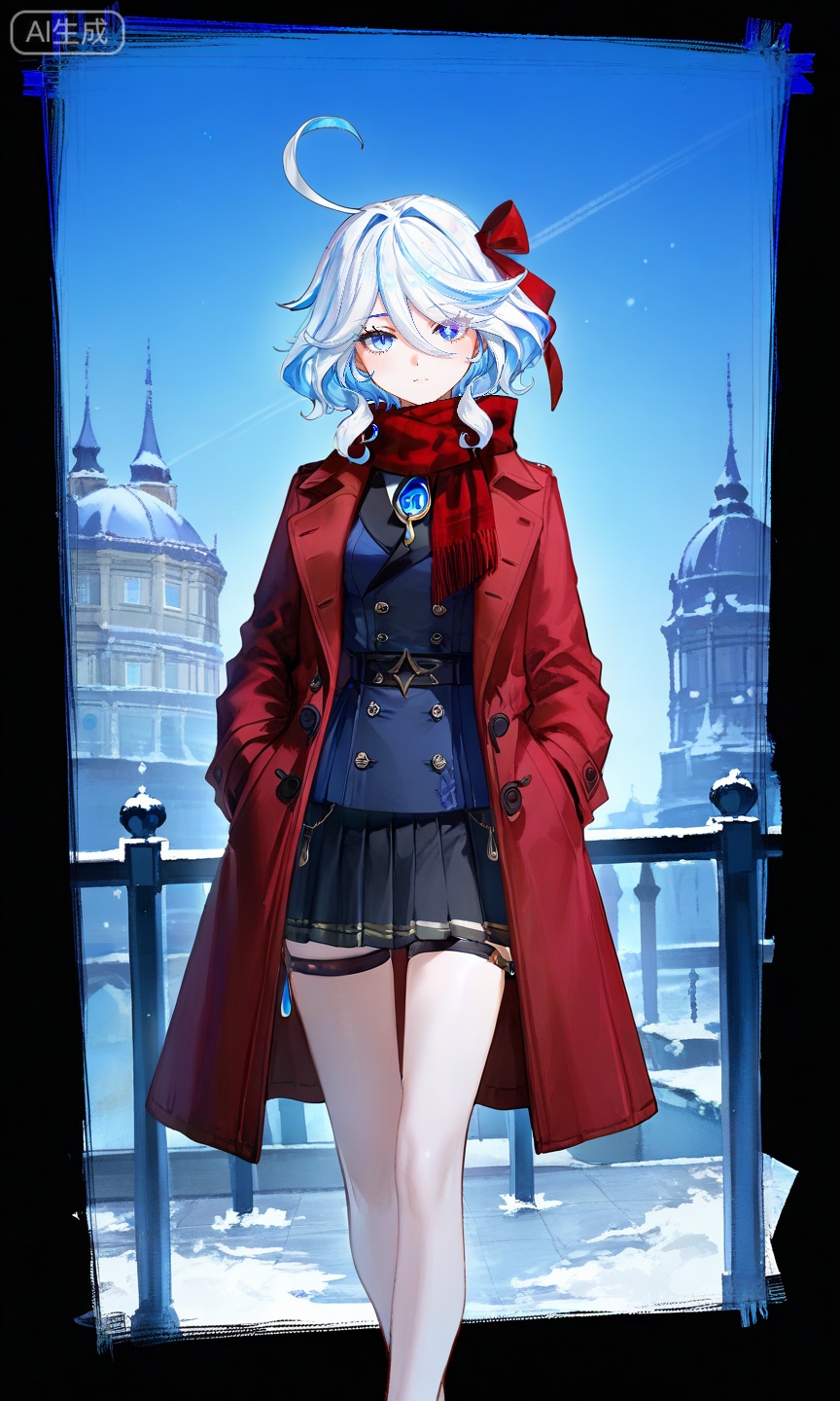 FURINA\(genshin impact\),blue eyes,ahoge,blue hair,heterochromia,bangs,hair between eyes,multicolored hair,white hair,light blue hair,medium hair,looking_at_viewer,
,lihui,(transparent_background:1.3),
1girl,solo,breasts,looking at viewer,shirt,long sleeves,ribbon,medium breasts,standing,jacket,hair ribbon,pleated skirt,open clothes,sky,black skirt,scarf,red ribbon,coat,buttons,feet out of frame,red scarf,open coat,hands in pockets,double-breasted,red coat,,,

(quasarcake:0.7),(dutch angle:1.1),