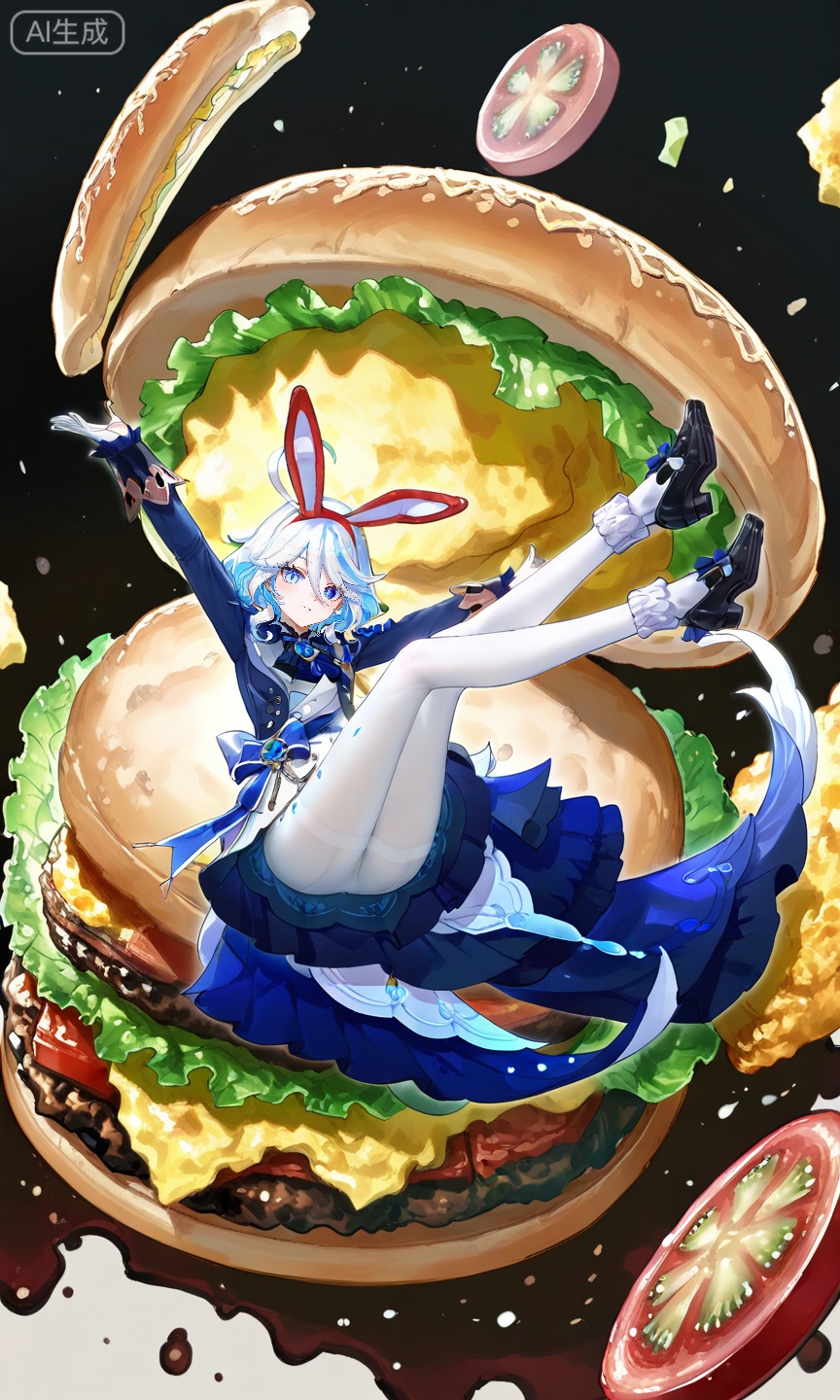 FURINA\(genshin impact\),blue eyes,ahoge,blue hair,heterochromia,bangs,hair between eyes,multicolored hair,white hair,light blue hair,medium hair,looking_at_viewer,
,lihui,
1girl,food,pantyhose,animal ears,white pantyhose,lettuce,hairband,rabbit ears,tomato,long sleeves,solo,looking at viewer,fake animal ears,burger,official alternate costume,skirt,red hairband,hair between eyes,full body,thighband pantyhose,black footwear,hair ornament,outstretched arms,shoes,oversized food,82,
(quasarcake:0.7),(dutch angle:1.1),