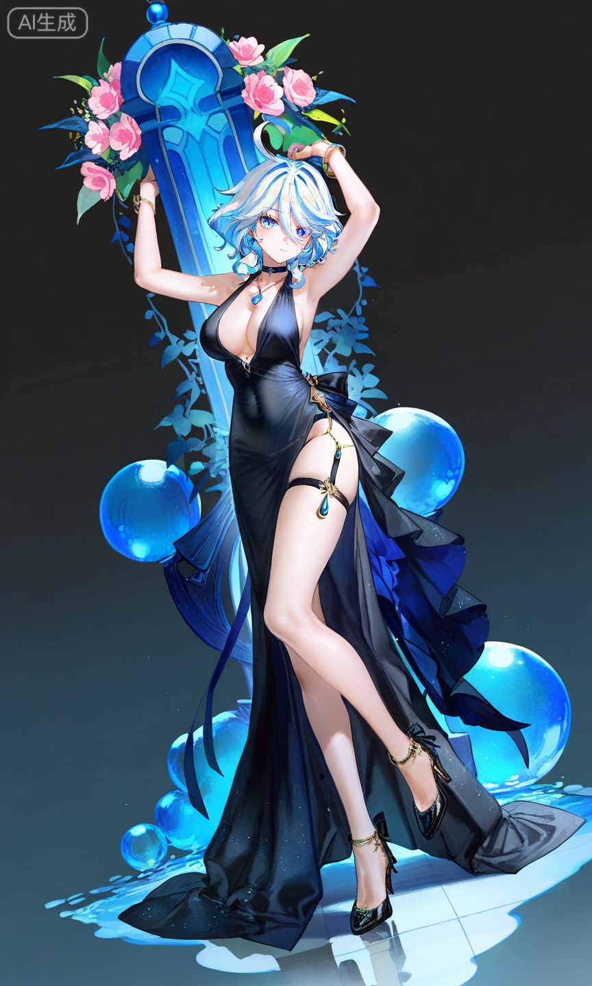 FURINA\(genshin impact\),blue eyes,ahoge,blue hair,heterochromia,bangs,hair between eyes,multicolored hair,white hair,light blue hair,medium hair,looking_at_viewer,
,lihui,
1girl,dress,jewelry,solo,black dress,black footwear,flower,large breasts,side slit,cleavage,looking at viewer,choker,necklace,bracelet,high heels,full body,black choker,halter dress,armpits,arms up,halterneck,pink flower,earrings,gradient,bare legs,gradient background,closed mouth,bare shoulders,gem,collarbone,sleeveless dress,covered navel,thighs,hair ornament,legs,pendant,interface headset,sleeveless,,

(quasarcake:0.7),(dutch angle:1.1),