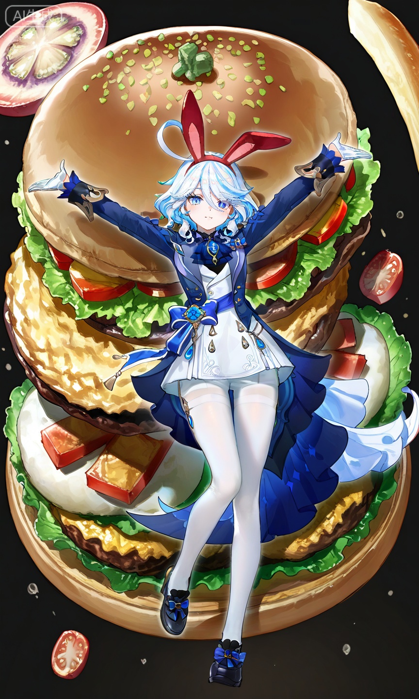 FURINA\(genshin impact\),blue eyes,ahoge,blue hair,heterochromia,bangs,hair between eyes,multicolored hair,white hair,light blue hair,medium hair,looking_at_viewer,
,lihui,
1girl,food,pantyhose,animal ears,white pantyhose,lettuce,hairband,rabbit ears,tomato,long sleeves,solo,looking at viewer,fake animal ears,burger,official alternate costume,skirt,red hairband,hair between eyes,full body,thighband pantyhose,black footwear,hair ornament,outstretched arms,shoes,oversized food,82,
(quasarcake:0.7),(dutch angle:1.1),