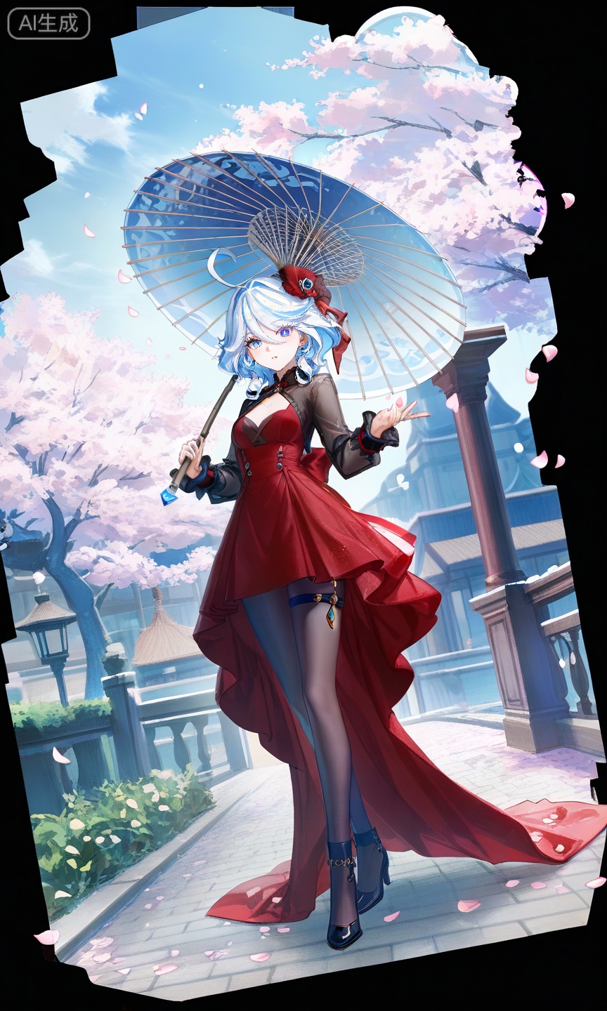 FURINA\(genshin impact\),blue eyes,ahoge,blue hair,heterochromia,bangs,hair between eyes,multicolored hair,white hair,light blue hair,medium hair,looking_at_viewer,
,lihui,(transparent_background:1.3),
1girl,solo,breasts,looking at viewer,hair ornament,long sleeves,dress,holding,jewelry,standing,pantyhose,earrings,outdoors,tree,petals,umbrella,red dress,holding umbrella,oil-paper umbrella,falling petals,,
(quasarcake:0.7),(dutch angle:1.1),
