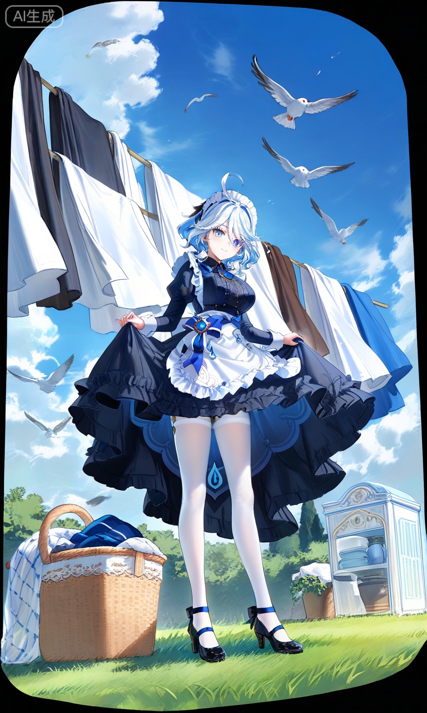FURINA\(genshin impact\),blue eyes,ahoge,blue hair,heterochromia,bangs,hair between eyes,multicolored hair,white hair,light blue hair,medium hair,looking_at_viewer,
,lihui,
white pantyhose,official alternate costume,maid headdress,maid,laundry basket,pantyhose,breasts,apron,black footwear,white apron,dress,outdoors,sky,black dress,frills,day,blue sky,grass,looking at viewer,laundry,maid apron,full body,white hair,long sleeves,cloud,standing,high heels,basket,large breasts,long hair,shoes,transparent background,frilled apron,bird,from_below,belfast \(azur lane\),66,
(quasarcake:0.7),(dutch angle:1.1),