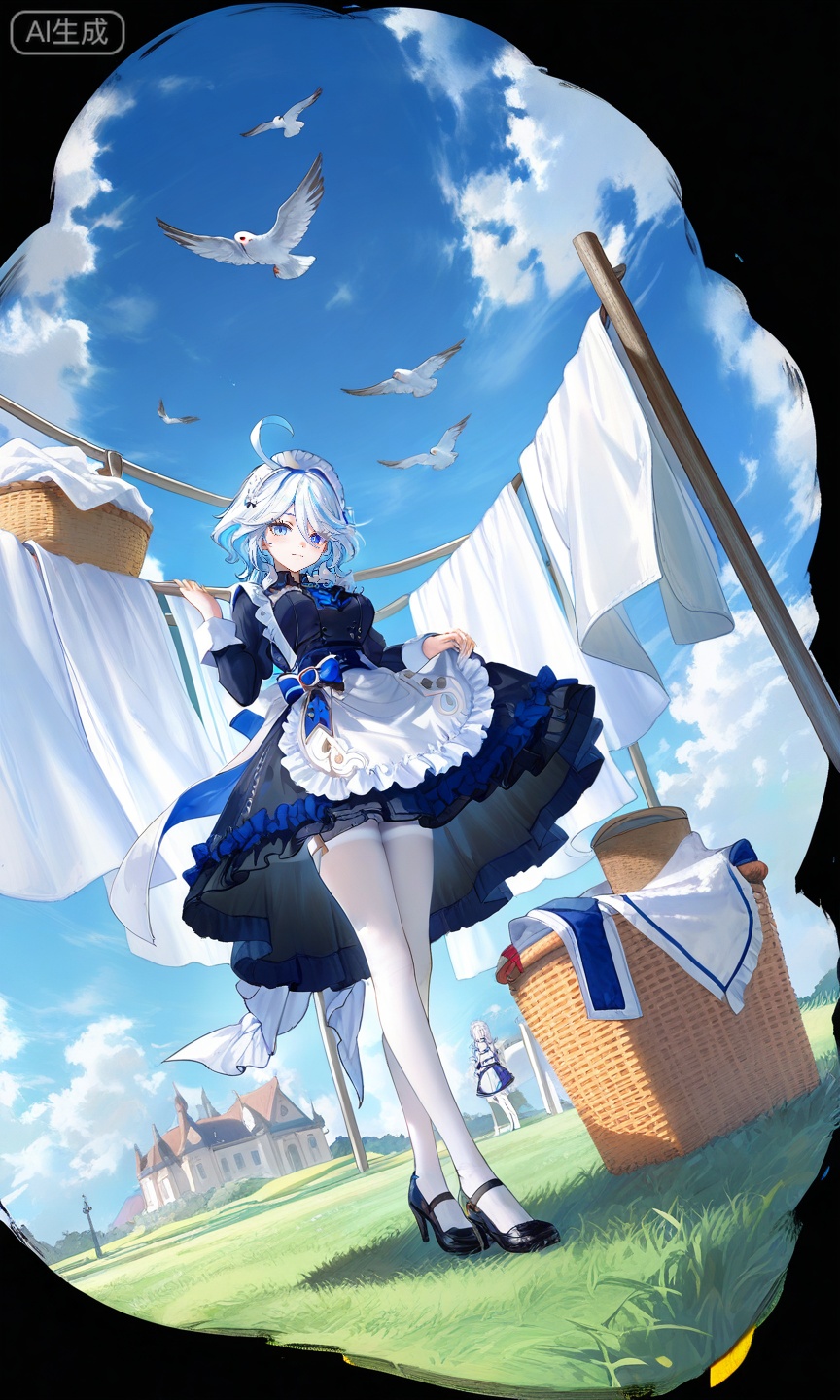 FURINA\(genshin impact\),blue eyes,ahoge,blue hair,heterochromia,bangs,hair between eyes,multicolored hair,white hair,light blue hair,medium hair,looking_at_viewer,
,lihui,
white pantyhose,official alternate costume,maid headdress,maid,laundry basket,pantyhose,breasts,apron,black footwear,white apron,dress,outdoors,sky,black dress,frills,day,blue sky,grass,looking at viewer,laundry,maid apron,full body,white hair,long sleeves,cloud,standing,high heels,basket,large breasts,long hair,shoes,transparent background,frilled apron,bird,from_below,belfast \(azur lane\),66,
(quasarcake:0.7),(dutch angle:1.1),