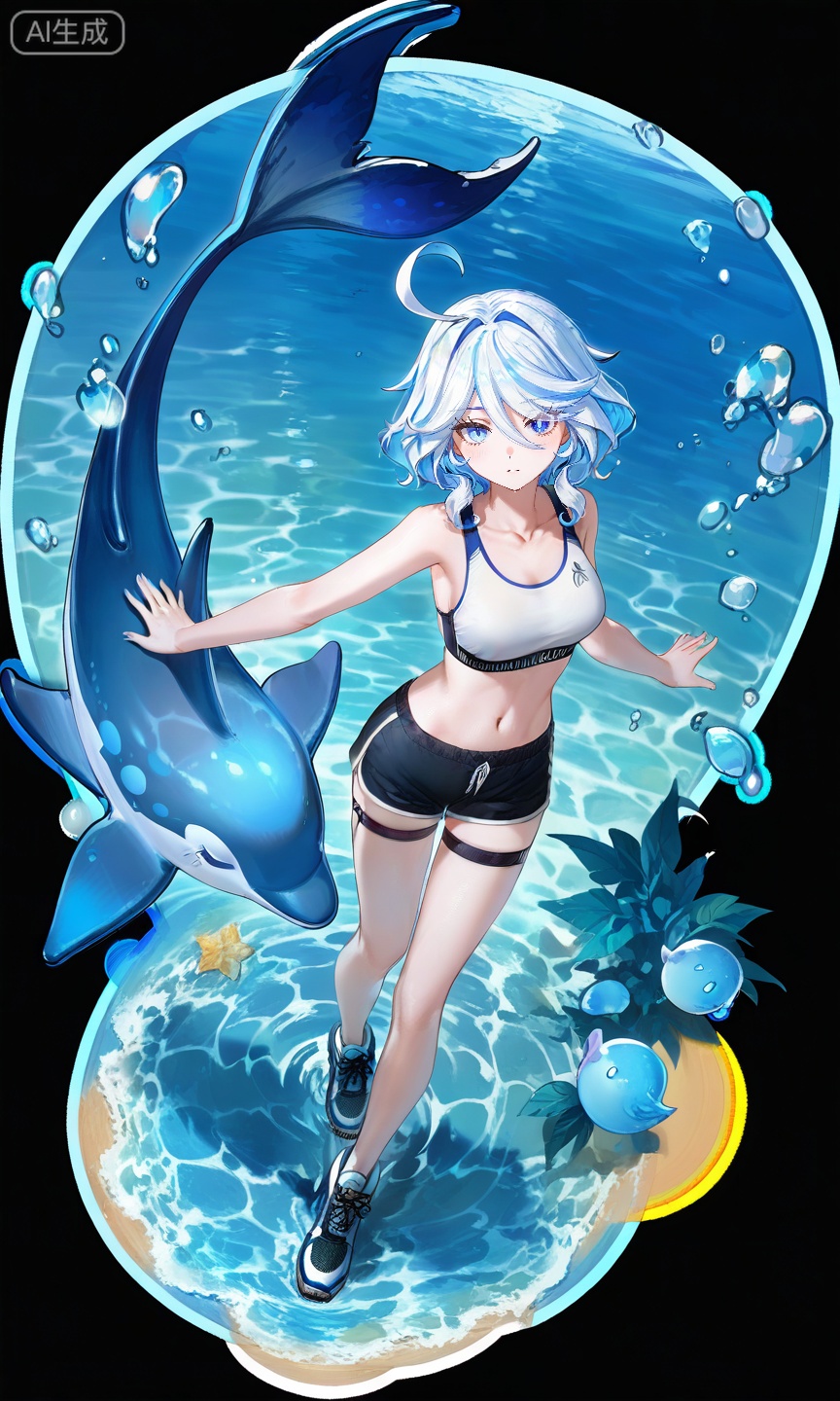 FURINA\(genshin impact\),blue eyes,ahoge,blue hair,heterochromia,bangs,hair between eyes,multicolored hair,white hair,light blue hair,medium hair,looking_at_viewer,
,lihui,(transparent_background:1.3),
1girl,solo,breasts,looking at viewer,hair ornament,navel,hair between eyes,bare shoulders,medium breasts,collarbone,shoes,shorts,midriff,short shorts,black shorts,sports bra,dolphin shorts,white sports bra,,,

(quasarcake:0.7),(dutch angle:1.1),(from_above:1.2)