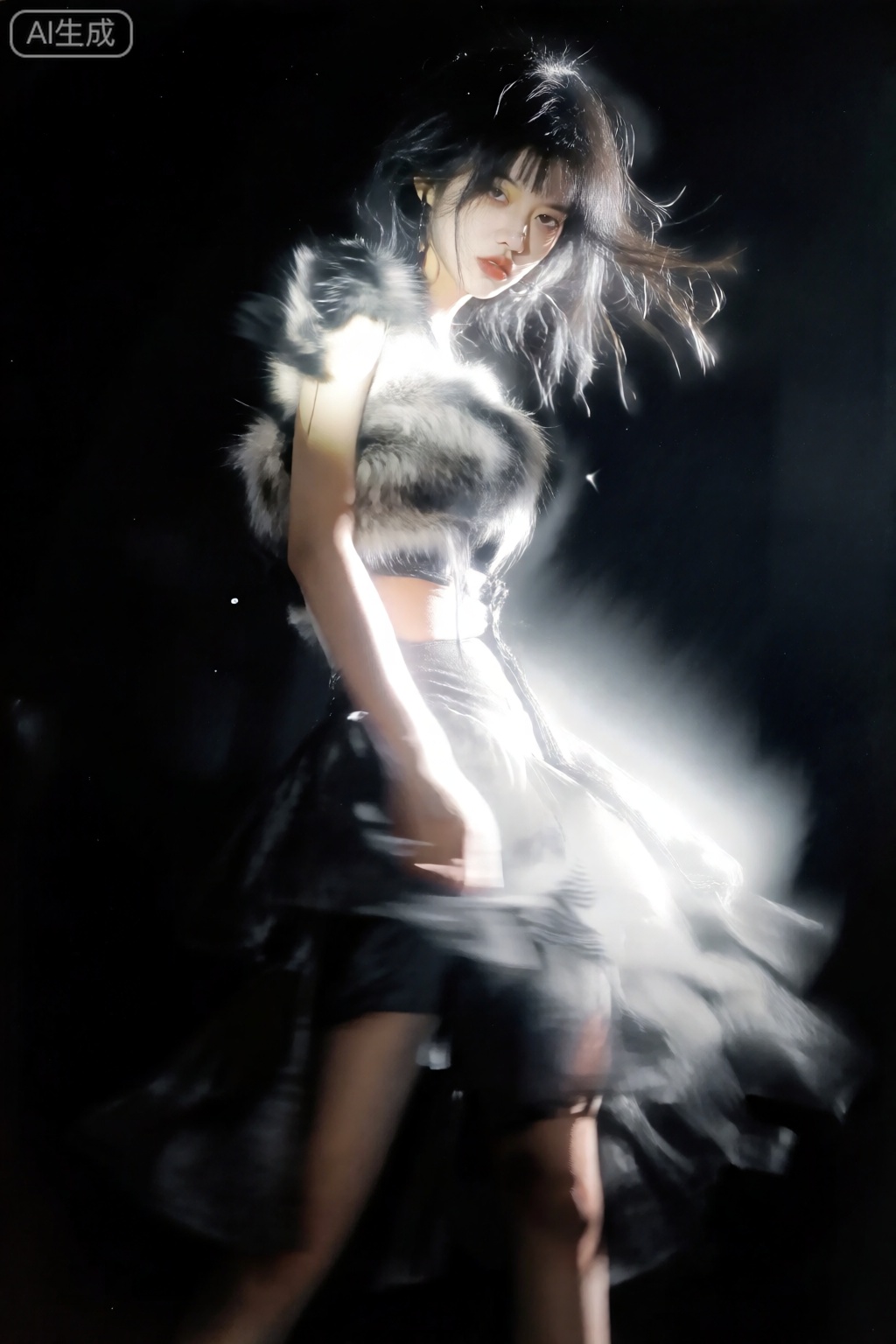 海报,精致腰腹,胶片摄影杰作,极致光影戏剧：强烈伦勃朗光,高反差,暗调主导,局部刻意过曝,制极具张力构图摄影。慢快门速度,带来动态模糊与择性对焦模糊,营造流动朦胧美学。主体：,亚洲黑道痞帅少女,自拍,对着镜头,裙子,被风吹散的碎发丝,增添动感与野性。奇特拍摄视角。画面特征：浓郁胶片颗粒感,丰富层次,在阴影与高光中延展,情绪氛围拉满, 神秘、魅惑、空灵、野性。渲染：写实基底融入粗粝胶片质感,强调皮草、肌肤、发丝的对比性质感
海报,精致腰腹,艺术写真,亚洲黑道痞帅少女,自拍,对着镜头,裙子,