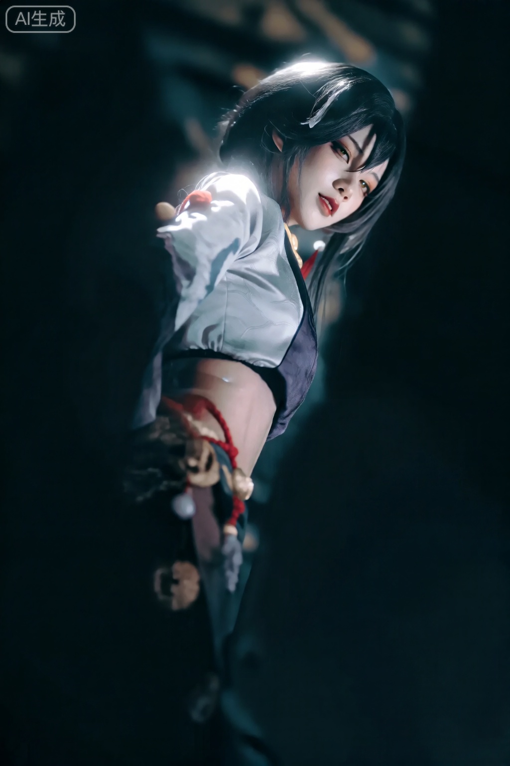 海报,精致腰腹,reality,画面中央是参考《原神》某女性角色的日本女coser,她微微抬颌,眼神锐利如刃,嘴角勾起一抹似笑非笑的弧度,浑身散发着嚣张气焰,冷白的肌肤在光影中更显疏离,肢体姿态带着不容置疑的压迫感,仿佛正居高临下地审视着镜头,采用低视角构图,强化角色的压迫感与存在感,背景虚化呈暗色调,仅在角色轮廓处有一圈柔和的漫射光,既保留日系文艺的细腻光影,又凸显冷艳氛围,色彩以低饱和的灰蓝,墨绿为基底,角色服饰点缀少量高饱和的深红作为撞色,整体色调冷静克制,却因那抹红而更显嚣张,完美契合文艺日系风格的同时,将角色的冷艳与压迫感拉满,