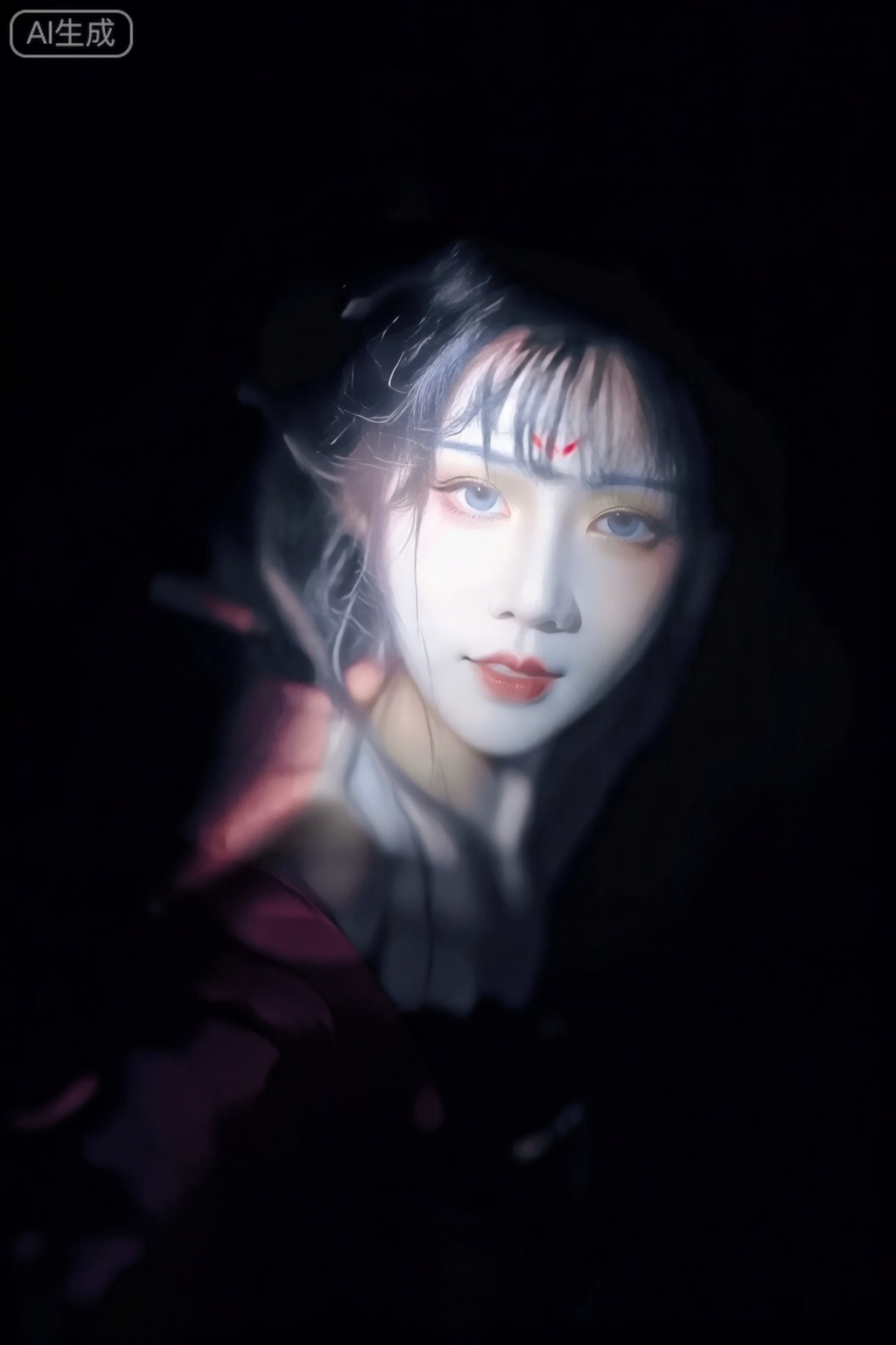 在黑暗中,暗微红紫金光,妲己模模糊糊的轮廓,淡淡的眼神光,轮廓光,模糊的感觉,灰蓝光照亮脸,面部在伦勃朗光与灰色强侧光从正面偏上角度照射下,仅有微弱的光线勾勒出大致形状,表情俏皮