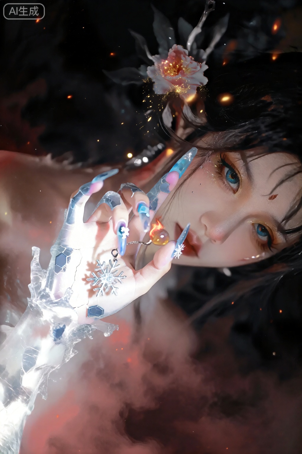 梦幻奇幻的场景,最终幻想风格,斜向俯视,滚滚缭绕微微泛红的黑色迷雾背景,一只女性手从画面迷雾中心点伸出,哥特风格装饰,透白色基底上用裂纹胶制造冰裂效果,叠加银色细闪,冰晶裂纹美甲,极地冰川的清冷高级感,甲面随机粘贴六角形冰晶,食指用蓝色偏光粉晕染,无名指镶嵌一颗微型雪花吊坠,冰晶裂纹美甲,手指尖捏着一片顶部燃烧的花瓣,blurry,抽帧,迷离,整体氛围唯美又暗黑风浓郁,偏向极简主义一个灵动纯美的《八重樱》女生模糊人像及场景,暗朦,半身特写,真人cosplay,周围有泛火星点点,突出动态发丝的凌乱美,超高颜值,手对着画面,掌心有颗糖果,极致高清晰度,极致细节,一个由粒子组成的牡丹花妖星河灿烂的眼眸,从眉眼间飘过行云流水和万千星展,粒子发光生物发光金色闪片透明流体,面部特写,玄幻缥缈的,脸部特写,杰出的,大师杰作品,国风,岩彩板画,古风意境,暖色系,迷幻,弥散渐变,层次感,dreamlike,超现实主义美学,空灵,如梦似幻,极致写实油画,绝美光影,三维古风,微距摄影,移轴拍摄,高角度拍摄,浪漫古风,电影光,生物学发光,唯美美人鱼背景,大唐盛世氛围,华丽惊艳氛围带浪漫感,高贵优雅,机械毒液绿色调曲线美,复古,迷离,伦勃朗光,低饱和,反射,折射,肌理质感,高噪点,胶片颗粒质感,极简风,柔焦灰度美学,情绪写意,前卫视觉艺术美学,大片高级感,电影美学,大师杰作