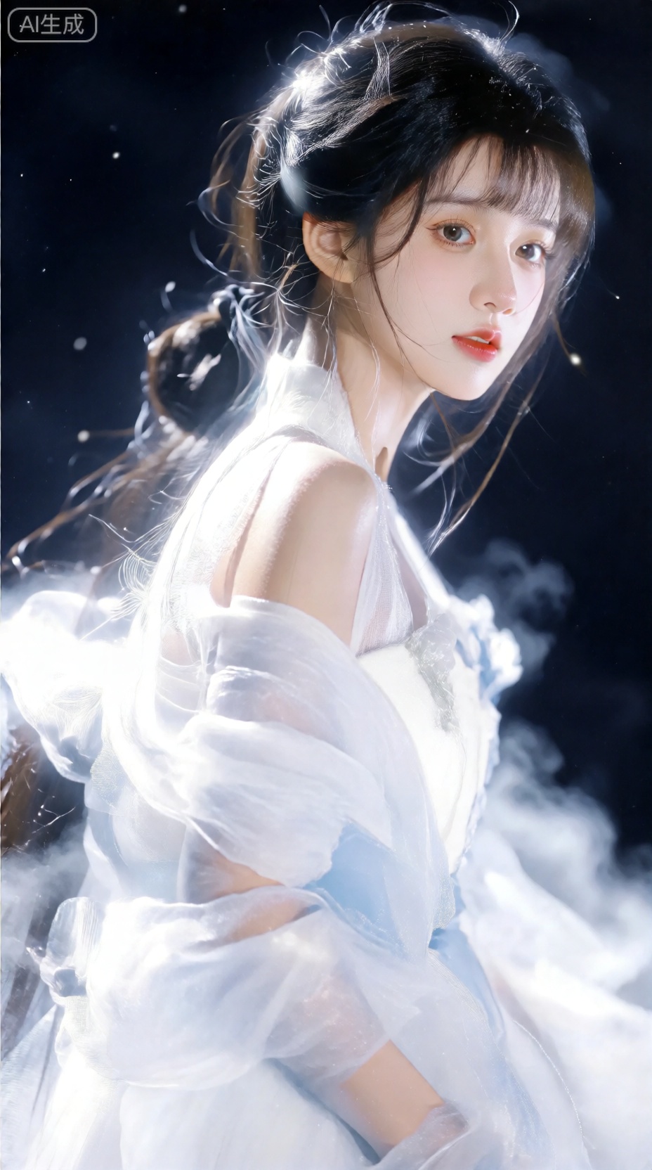 一个个性时尚的女孩子,长长的黑色头发扎成低马尾放到胸前,宁静,优美,动人,8k分辨率,照亮,高清,青春洋溢,清新脱俗的气质,优雅的姿态,晚风拂过她的脸颊,柔和的色调,神秘的氛围,充满诗意的照片,浪漫的情感,摄影,现代艺术家风格。宛如由雪凝成的衣裳嫦娥姐姐斗罗大陆小舞真人超现实主义写真摄影,一位绝世美少女,有着白皙如玉且细腻光滑的肌肤,泛着淡淡的光泽,精致小巧的瓜子脸线条柔美,弯弯的柳叶眉如翠羽般微微蹙起,眉下是一双清澈明亮的大眼睛,宛如一汪清泉,长长的睫毛忽闪忽闪,如同蝴蝶的翅膀,眼眸中闪烁着灵动的光芒,高挺的鼻梁让面部更显立体,带着一丝俏皮可爱。她的肉体体态原型身姿被单层薄雾般的纱温柔地包裹,纱的质感轻盈飘逸,仿佛云朵般轻柔,塑造出艺术感十足的体态模形,暖色调纱影被专业运用的柔和光线照亮,光线从侧上方洒下,凸显出人物的三维立体感,暖色调的纱影散发着朦胧的光晕,光晕的边缘。画面带有动态模糊的效果,带来梦核风格的感受,简约且充满艺术感的平面摄影风格,聚焦拍摄,神秘优美,明暗对比鲜明,富有高级感与梦幻感,HDR写实质感,不合逻辑,珠光,反光,暗夜,抽象,意识流。艺术感强。画面有辉光、耀光、雾感,融合惊悚与梦核元素,梦核美学,从错误中寻找创意,对现有系统的颠覆与重塑,强烈的光影对比,仰镜头,强烈的对比色碰撞,惊艳,随机背景,柔和侧光渲染,写实,失真故障质感暗金色点缀,空间交错、电影镜头、真实感,柔和的色彩,（鱼眼: 1.1),全景航拍,微光,宿命感,华丽,曜变,充满了神秘而紧张的氛围。UE5渲染,电影级质感,胶片质感。