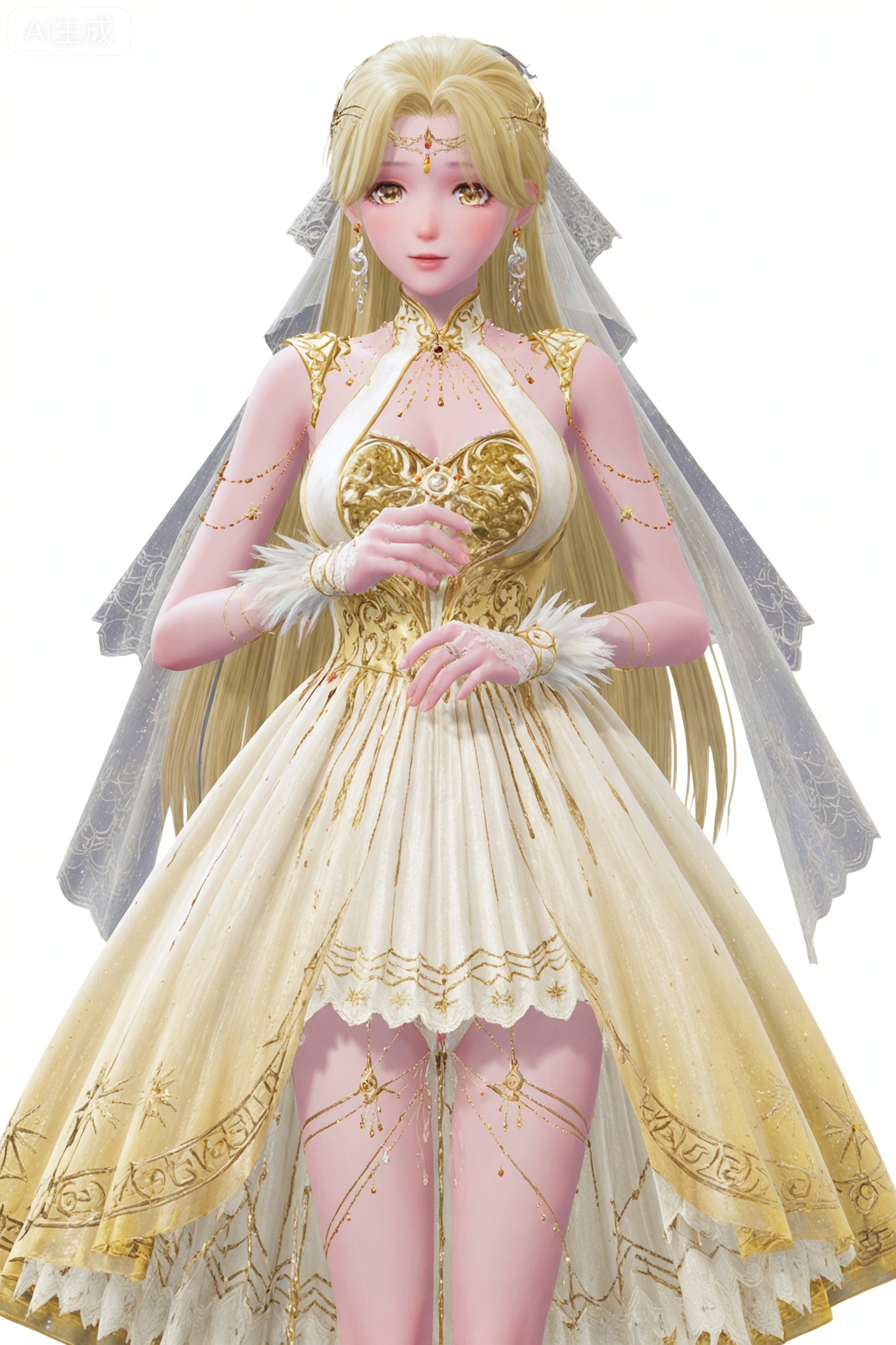 1girl, solo, long hair, blonde hair, dress, jewelry, yellow eyes, earrings, white dress, veil, yellow dress,white_background,leg_spread,pink_panties,leg_spread,huge_breast,hold_breasts,peeing,hands_raised