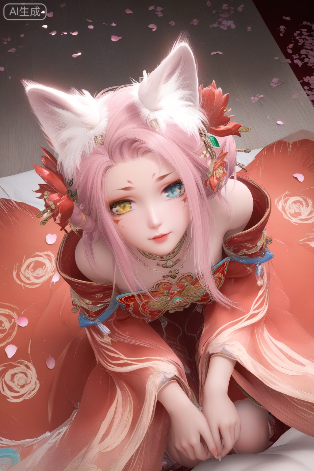 score_9,score_8_up,score_7_up,1girl,solo,looking at viewer,long hair,blue eyes,hair ornament,bare shoulders,wide sleeves,red dress,dress,jewelry,yellow eyes,pink hair,hair flower,animal ear fluff,fox ears,heterochromia,facial mark,veil,facing viewer,faceoff,bed,flower,petals,(fetal_position:1.3),from above,fetal_position,fetal_position