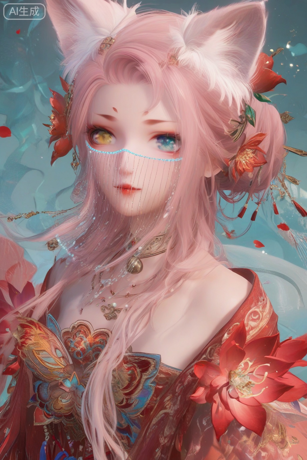 score_9,score_8_up,score_7_up,1girl,solo,looking at viewer,long hair,blue eyes,hair ornament,bare shoulders,wide sleeves,red dress,dress,jewelry,yellow eyes,pink hair,hair flower,animal ear fluff,fox ears,heterochromia,facial mark,veil,facing viewer,faceoff,flower,petals,wind