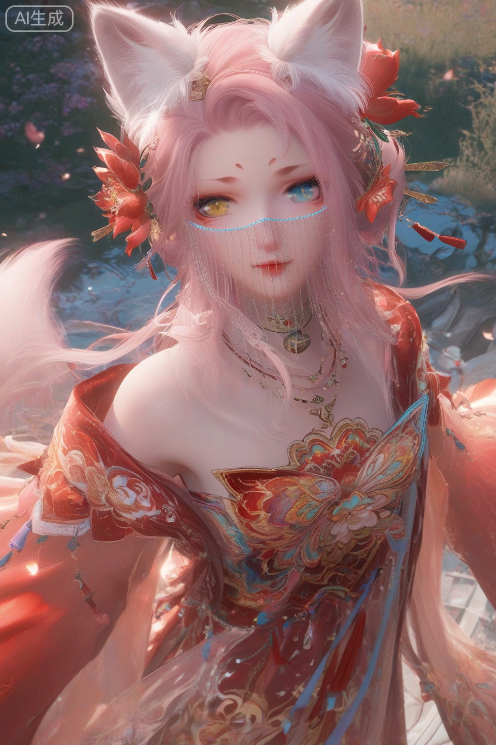 score_9,score_8_up,score_7_up,1girl,solo,looking at viewer,long hair,blue eyes,hair ornament,bare shoulders,wide sleeves,red dress,dress,jewelry,yellow eyes,pink hair,hair flower,animal ear fluff,fox ears,heterochromia,facial mark,veil,facing viewer,faceoff,flower,petals,wind